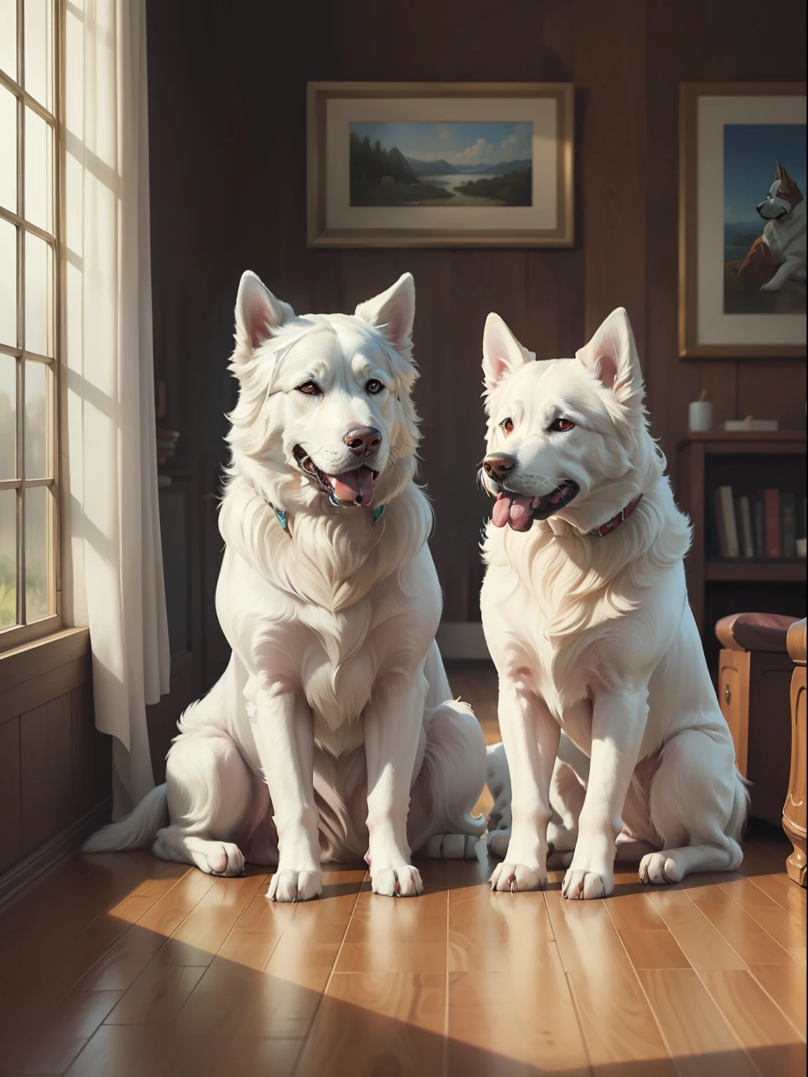 masterpiece, Highly detailed, super realistic,detailed background,
(large white dogs sitting side by side), (sideways), (from side:1.5),