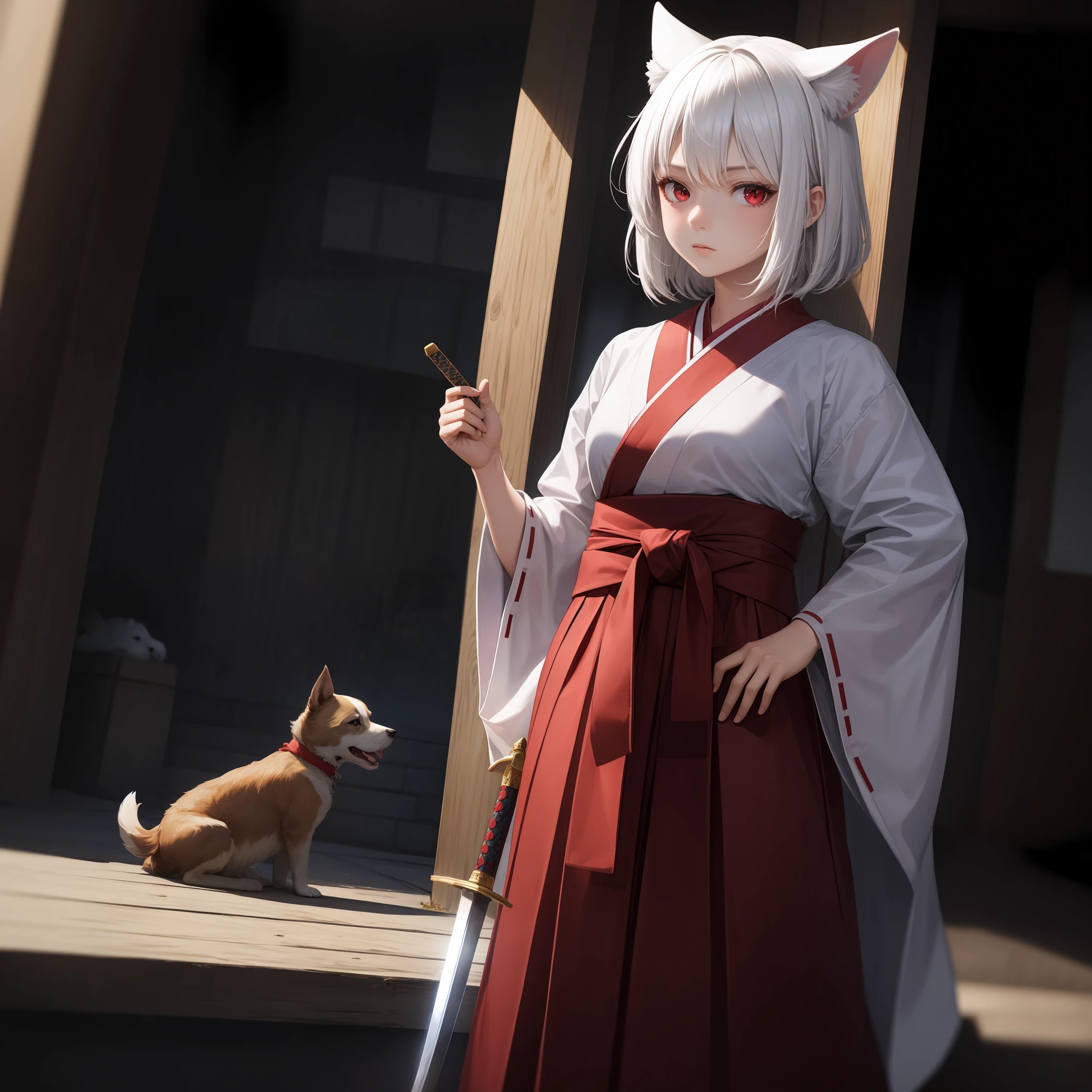 White hair, red eyes, girl, alone, solo, 1girl, red hakama, dog ear, sword