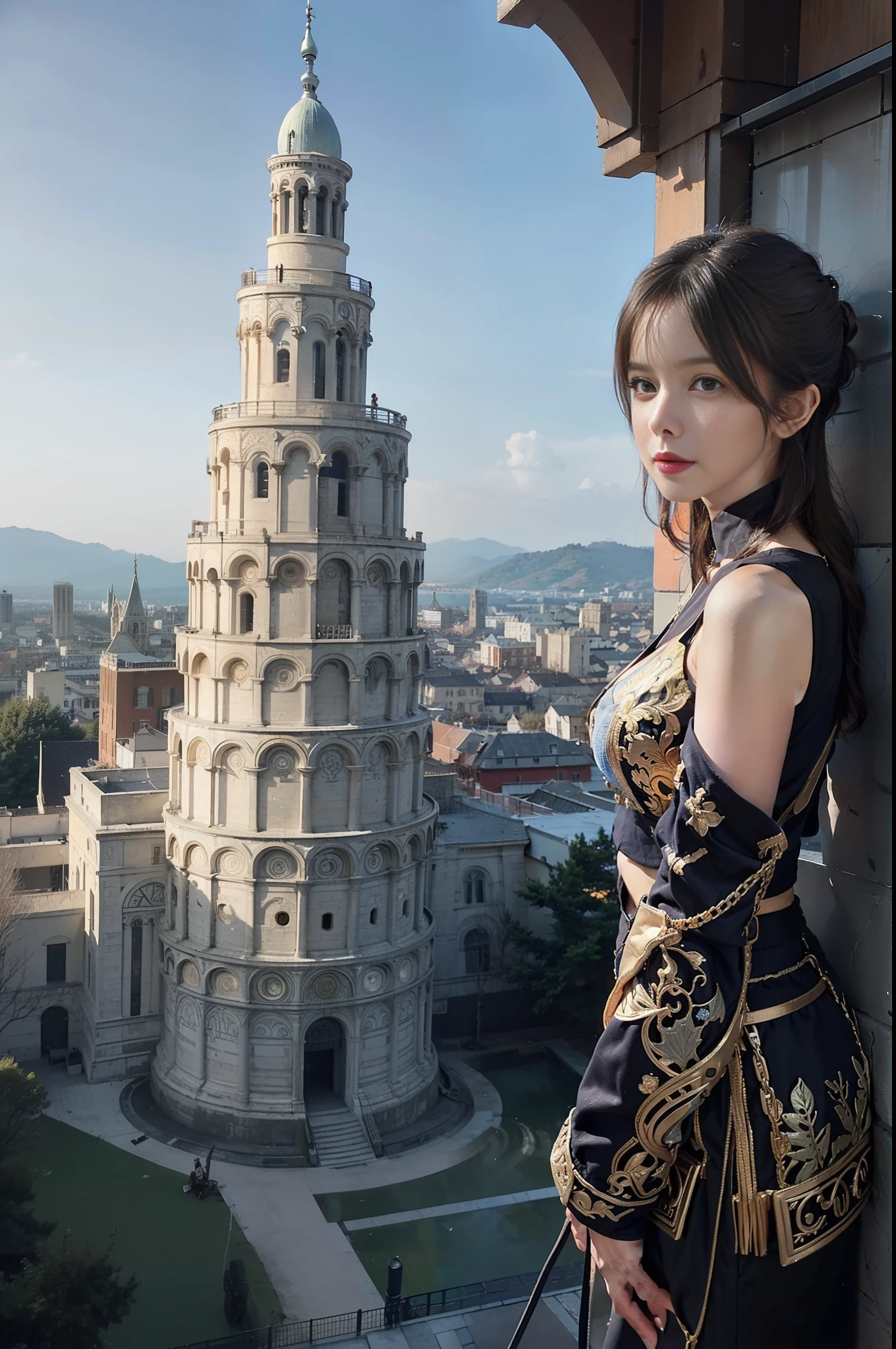 Surrealistic female portraits by David Hockney and Alphonse Mucha, fantasy art, photorealism, dynamic lighting, artstation, poster, volumetric lighting, very detailed faces, 4k, award-winning, 1girl, in the dark, deep shadows, ,(Leaning Tower Of Pisa background),navel,understated, denim photos, (formal wear: 1.4), long hair, gray hair, ((best quality, 8k, masterpiece: 1.3)), 1girl, slender abs beauty: 1.3, (hairstyle casual, no leaky big breasts: 1.2), dress:1.1, Super fine face, fine eyes, double eyelids, smile,