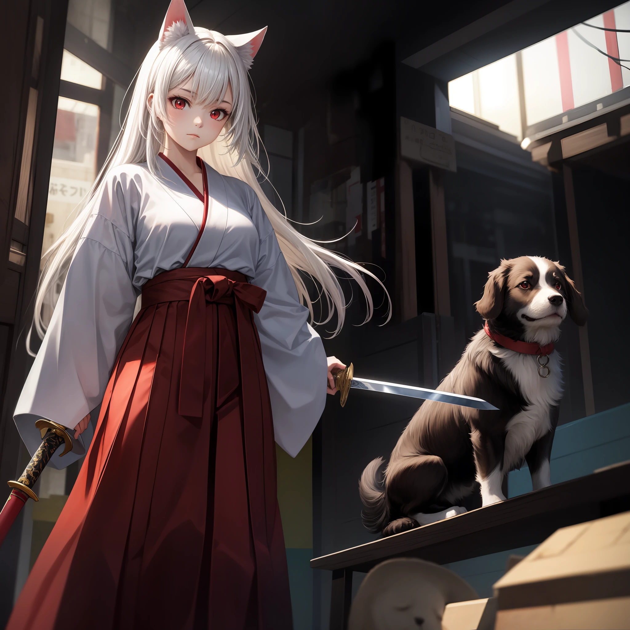 White hair, red eyes, girl, alone, solo, 1girl, red hakama, dog ear, sword