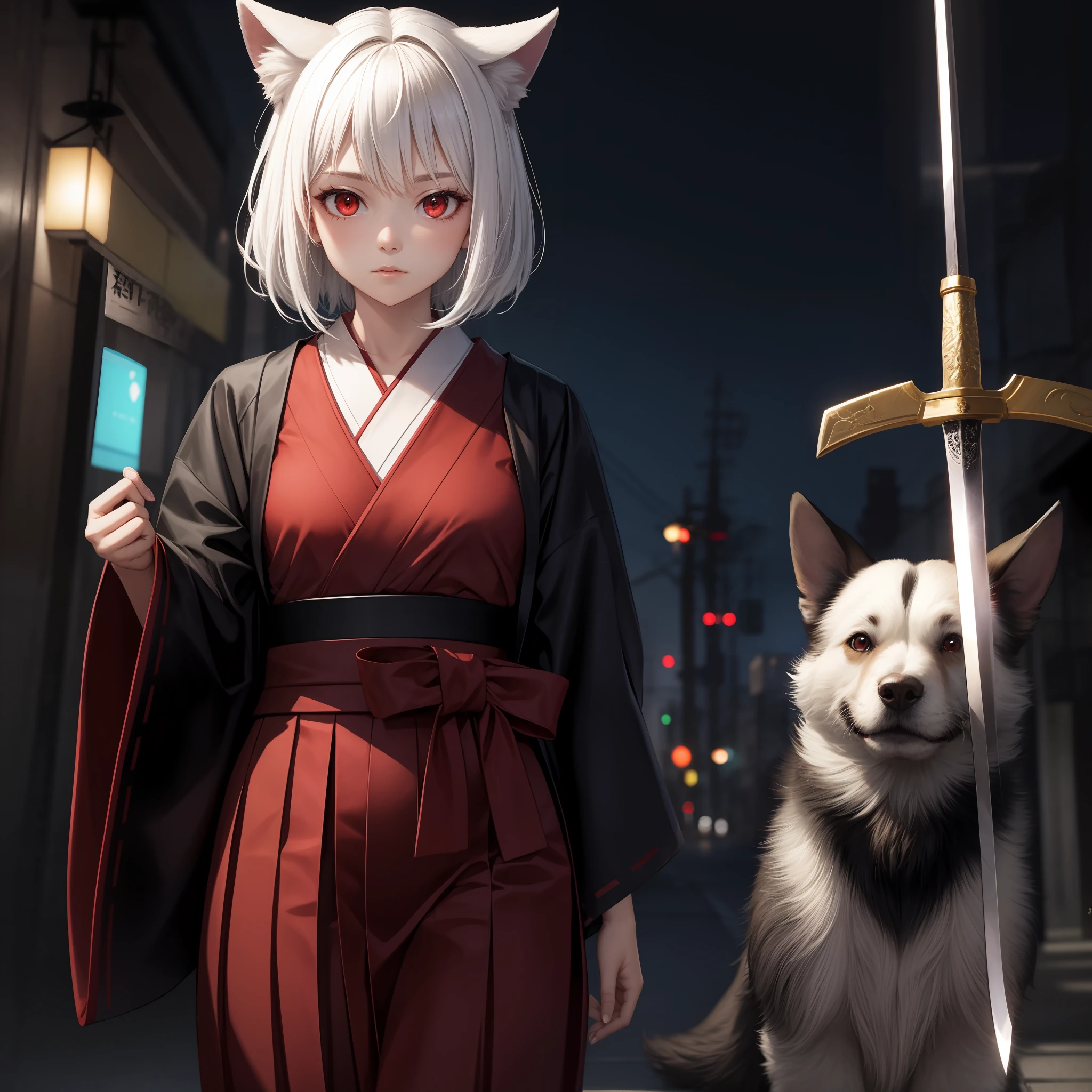 White hair, red eyes, girl, alone, solo, 1girl, red hakama, dog ear, sword