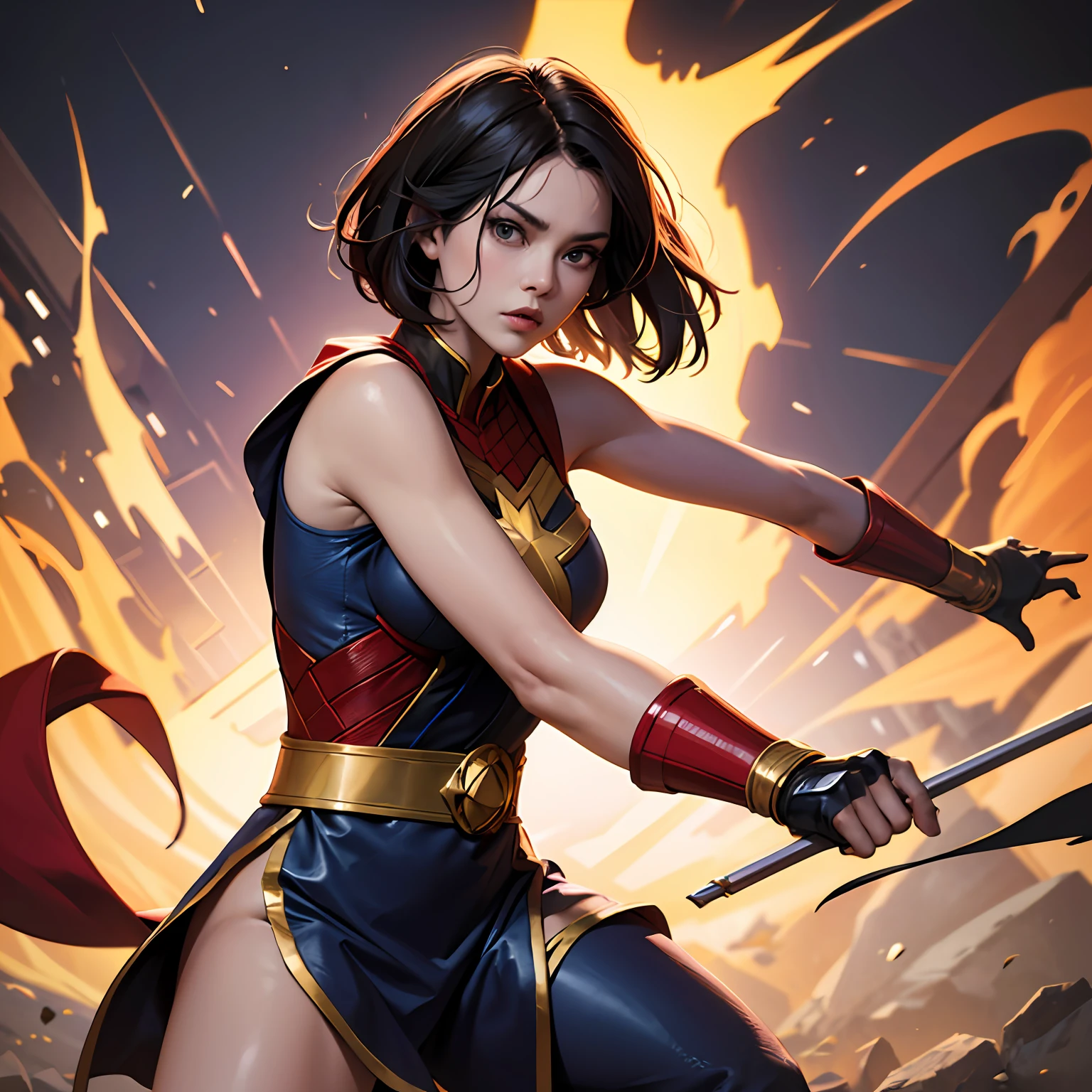 Miss Marvel Cut fighting Kung Fu, (masterpiece, best quality, 8k, Highres: 1.2)
