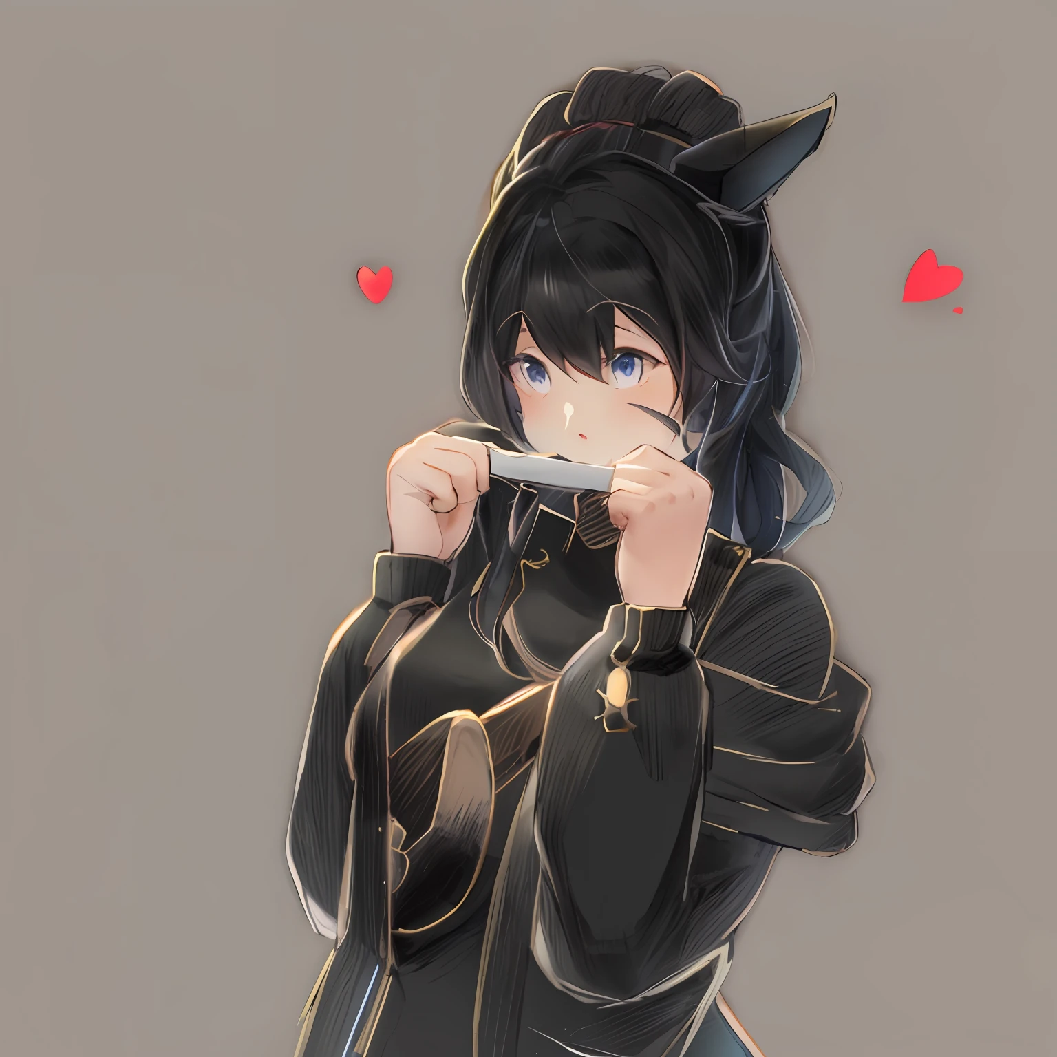 girl with a cat ears and a  twin cat tail, clean anime, holding a pudica pose, heavy outlines, anime sketch, pudica pose gesture, thick outline, thinking pose, high quality anime, black hair, two ears, cute, black hair, hearts