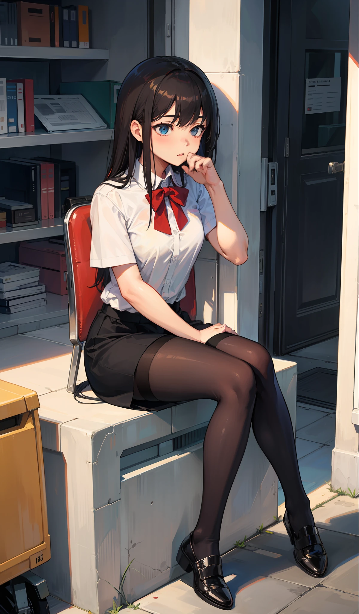 Anime girl sitting on a bench in a school uniform - SeaArt AI