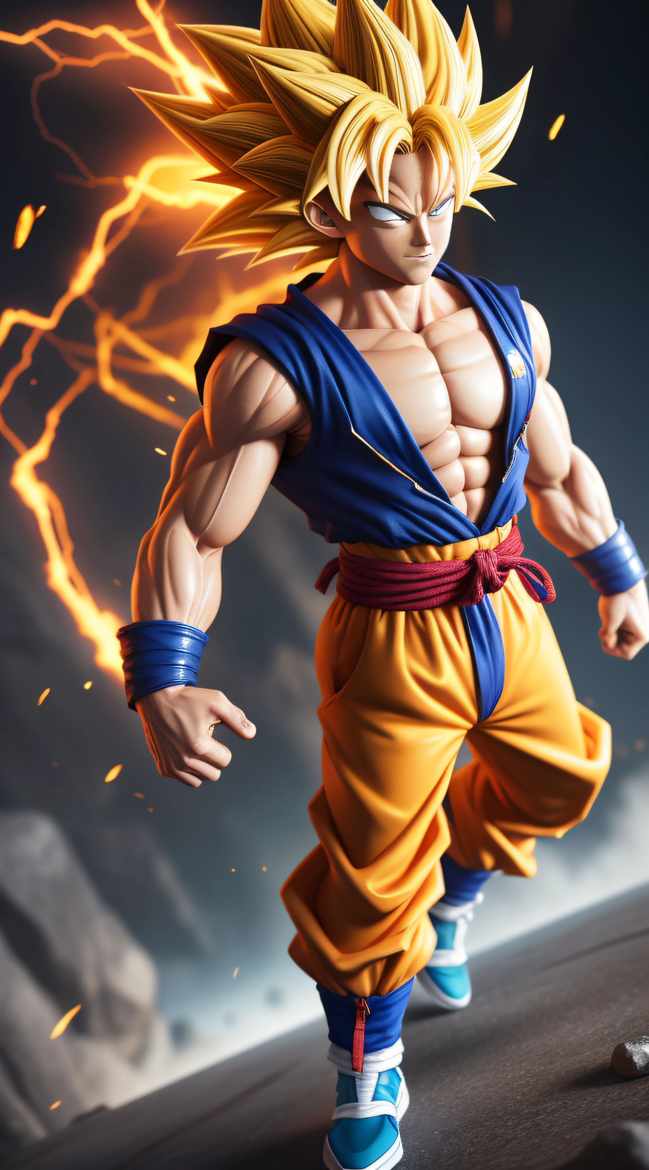Super Sayajin Goku, 3d image, 9:16, 8k, perfect face, full body, fixed gaze, default scenery, 1080 x 1920 screen resolution, perfect quality, masterpiece