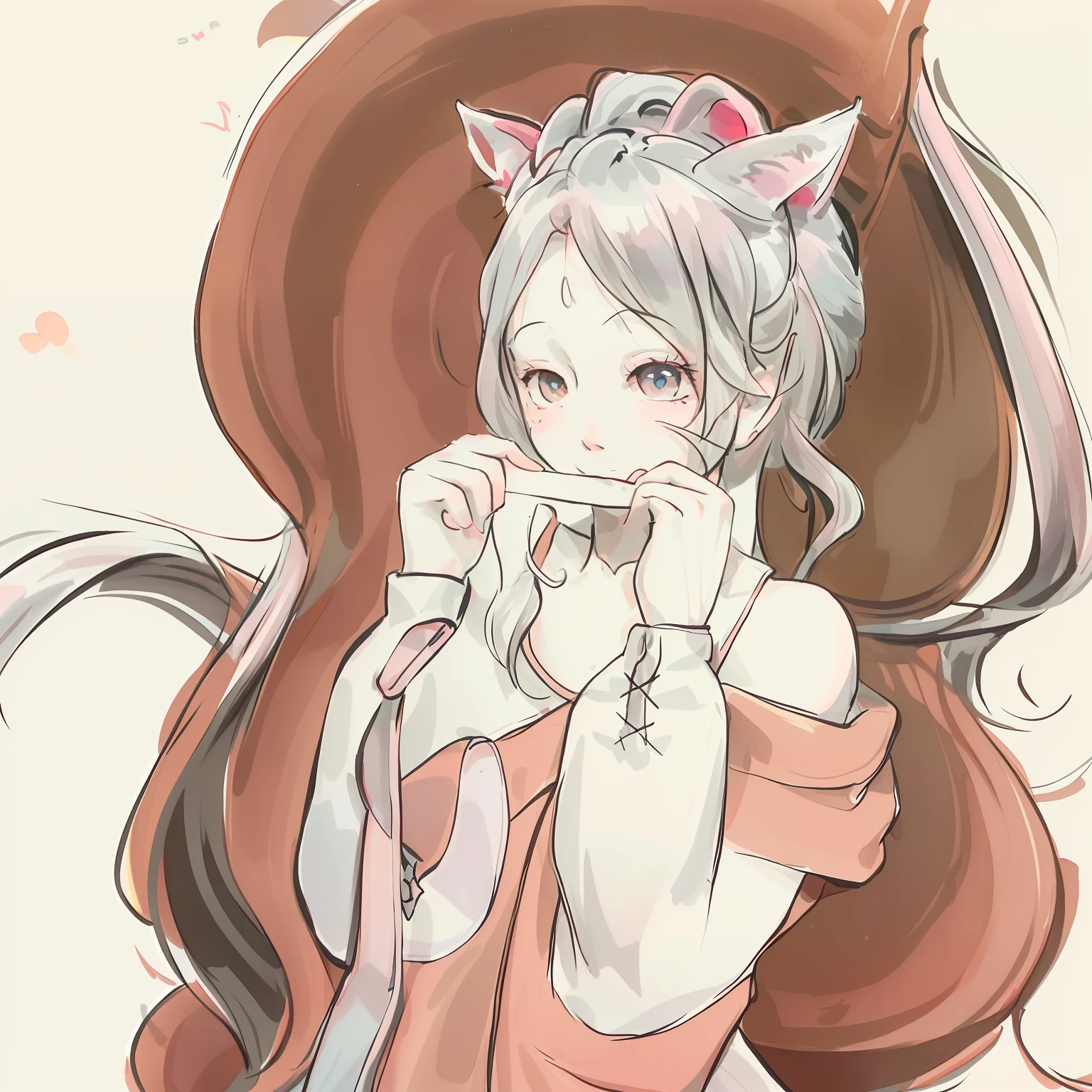 "clean, anime-style drawing of a girl with cat ears and a cat tail, in a poised and thoughtful pose."