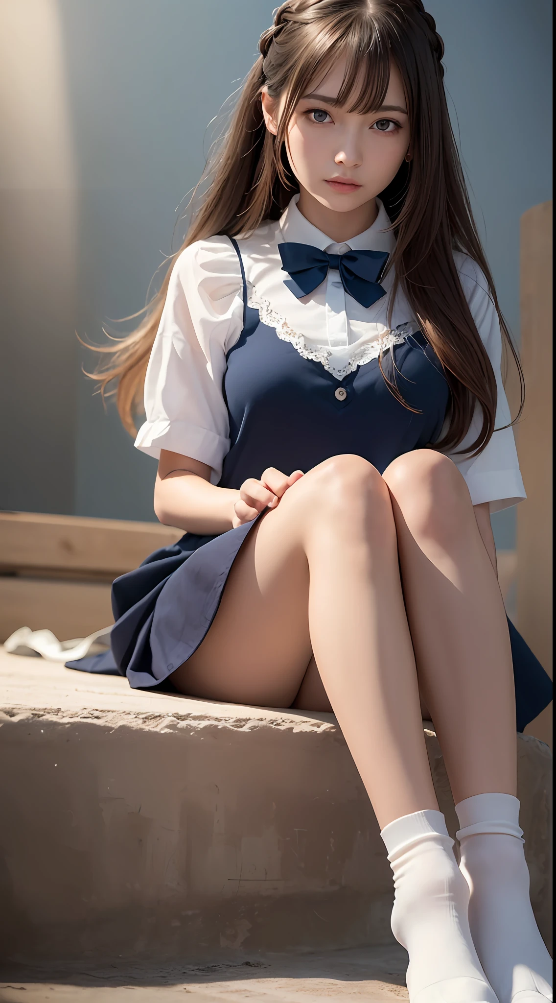 (realisitic、Photorealsitic:1.4), (8K、Raw photography、top-quality、​masterpiece:1.2)、cute little、ultra-detailliert、Heart-shaped pupil、physically-based renderingt、超A high resolution、Look at viewers、Photorealistic、Realistic、Solo, Photorealistic、top-quality、extra detailed face、extremely detailed eye and face、beatiful detailed eyes、 Adult woman in Lolita style posing for photo, Erotic look, Full body!!, angelic pretty, A dark-haired、pale-blue、Erotic Poses, white  panties, White ruffled socks, (Standing Pose), Background of the majestic temple