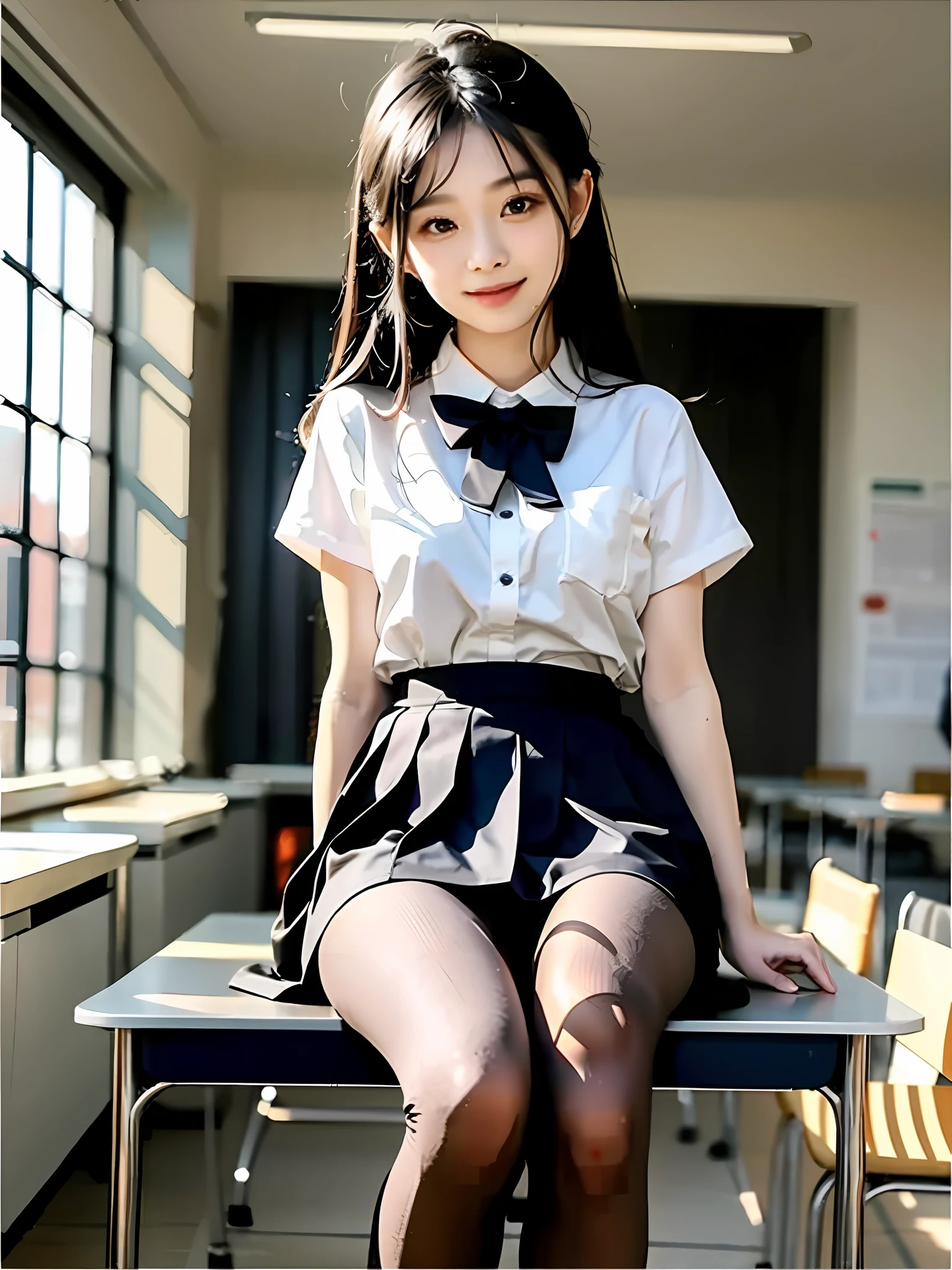 (2 girl),ray tracing,(dim lighting),[detailed clothes],  jkuniform:1.2,   misty smile, sitting, different pose, in class room, pantyhose