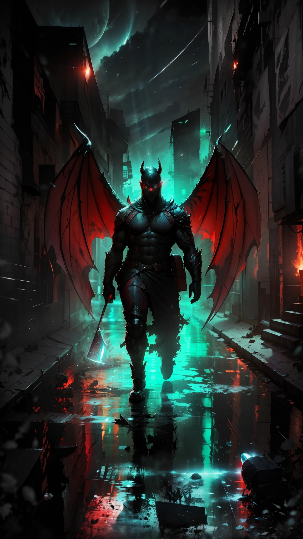 A demon with huge wings and an axe walking in a dark and gloomy alley, 8k.