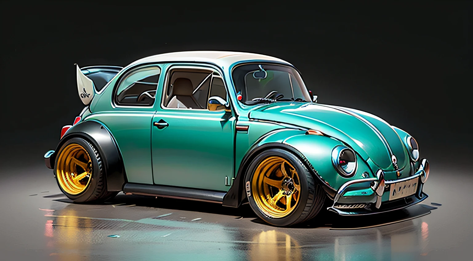 a meticulously detailed photorealistic concept art of a futuistic custom hot rod VW Beetle with highly glossy paint and wide arch body kit and custom wheels  showcased on a glossy white surface with a contrasting black background. in ultra sharp focus