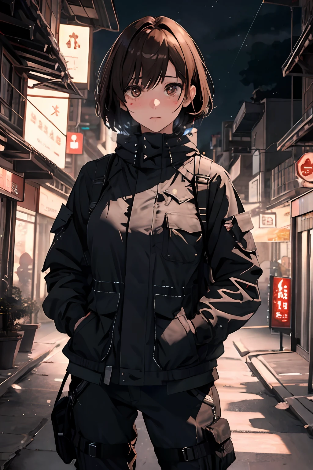 masterpiece, best quality, high contrast, professional photography, soft light, sharp focus, 1girl, hmochako, blush stickers, short hair, medium.hands in her pocket, (hands in pocket: 1.4), (Shibuya: 1.4), (night lights: 1.4), (thick body: 1.4), (short brown hair: 1.4), brown eyes, HDR (high dynamic range), ray tracing, NVIDIA RTX, super-resolution, Unreal 5, underground streaming, PBR texturing post-processing, anisotropic filtering, depth of field, maximum clarity and sharpness, Multilayer textures, albedo and specular maps, surface shading, accurate light-material interaction simulation, octane rendering, two-color lighting, low ISO, white balance, rule of thirds, large aperture, 8K RAW, effective subpixel subpixel, subpixel convolution (luminescent particles: 1.4), {{masterpiece, better quality, highly detailed CG, Unity 8k wallpaper, 3D, cinematic lighting, lens flare}}, beautiful brown eyes, cleavage, big breasts, sweating, blushing, heavy breathing,