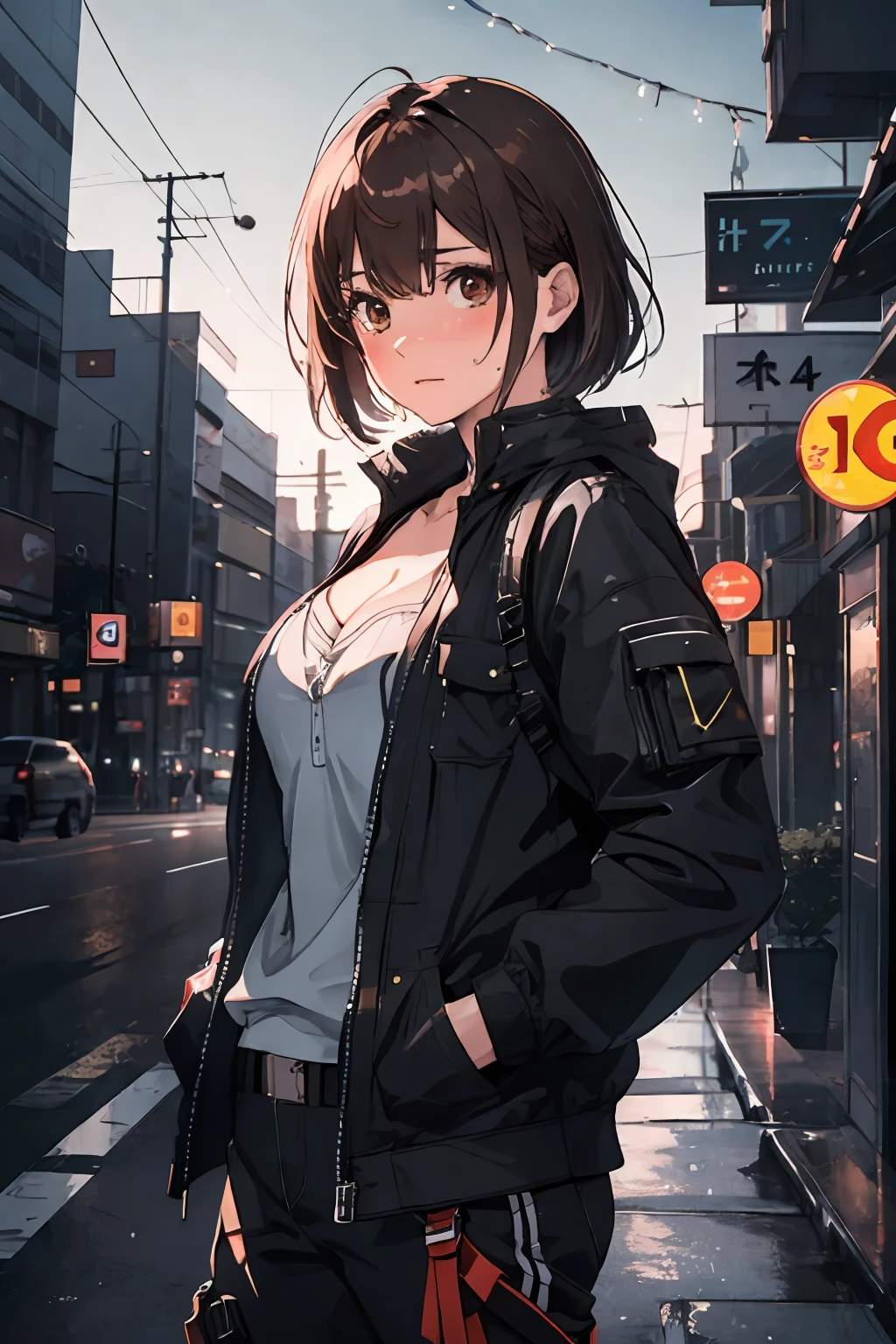 masterpiece, best quality, high contrast, professional photography, soft light, sharp focus, 1girl, hmochako, blush stickers, short hair, medium.hands in her pocket, (hands in pocket: 1.4), (Shibuya: 1.4), (night lights: 1.4), (thick body: 1.4), (short brown hair: 1.4), brown eyes, HDR (high dynamic range), ray tracing, NVIDIA RTX, super-resolution, Unreal 5, underground streaming,  PBR texturing post-processing, anisotropic filtering, depth of field, maximum clarity and sharpness, Multilayer textures, albedo and specular maps, surface shading, accurate light-material interaction simulation, octane rendering, two-color lighting, low ISO, white balance, rule of thirds, large aperture, 8K RAW, effective subpixel subpixel, subpixel convolution (luminescent particles: 1.4), {{masterpiece, better quality, highly detailed CG,  Unity 8k wallpaper, 3D, cinematic lighting, lens flare}}, beautiful brown eyes, cleavage, big breasts, sweating, blushing, heavy breathing,