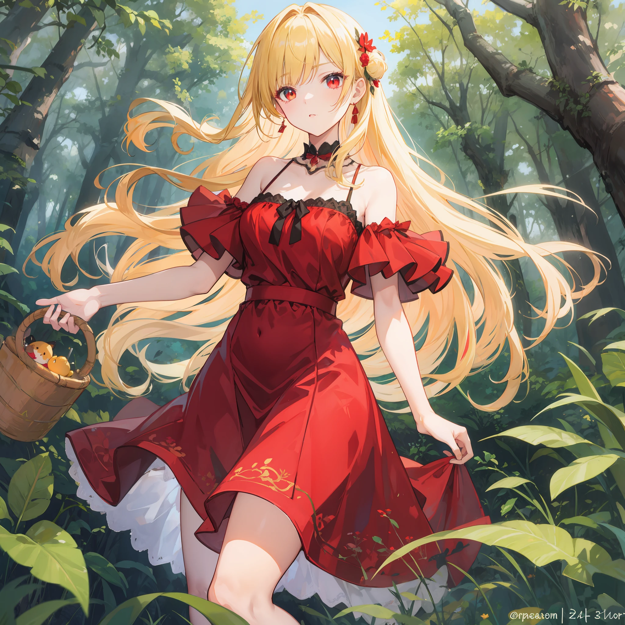 anime, blonde and red eyed girl, red dress, off-the-shoulder, in the forest