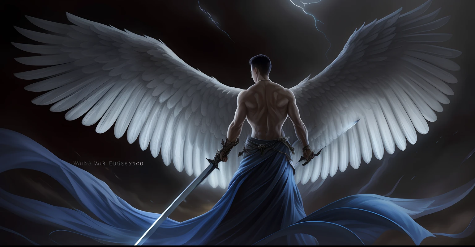 wings of an angel with a sword and a sword in his hand, winged human, archangel, angel, greek myth digital painting, epic angel wings, angel protecting man, beautiful male god of death, the angel of death, godrays digital painting, lucifer, angel of death, full - body majestic angel, by Eugeniusz Zak, dark angel