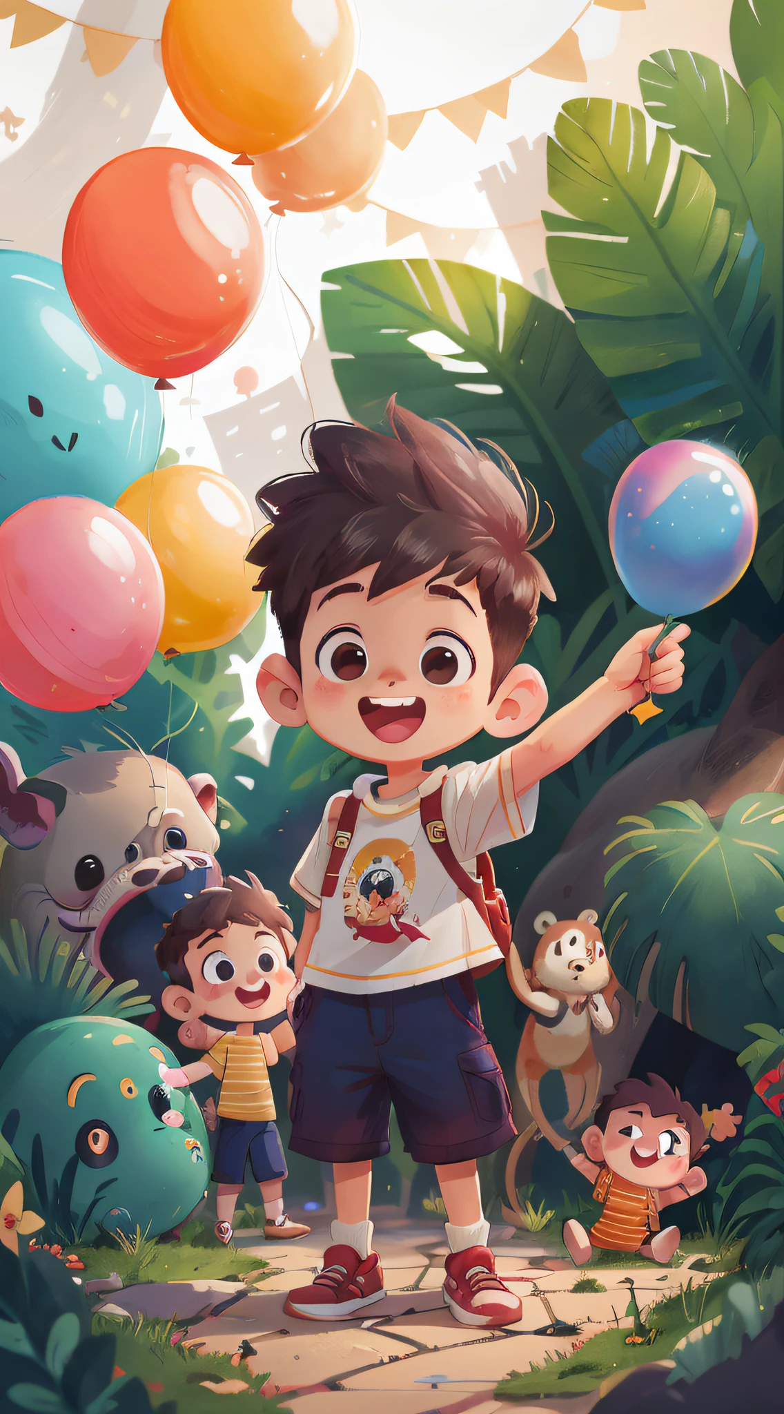 A boy, zoo, many balloons, happy, happy, perfect quality, clear focus (clutter - home: 0.8), (masterpiece: 1.2) (realistic: 1.2) (bokeh) (best quality) (detailed skin: 1.3) (complex details) (8K) (detail eyes) (sharp focus), (happy) full body, two children, clean background, long view composition, 85MM SHOT