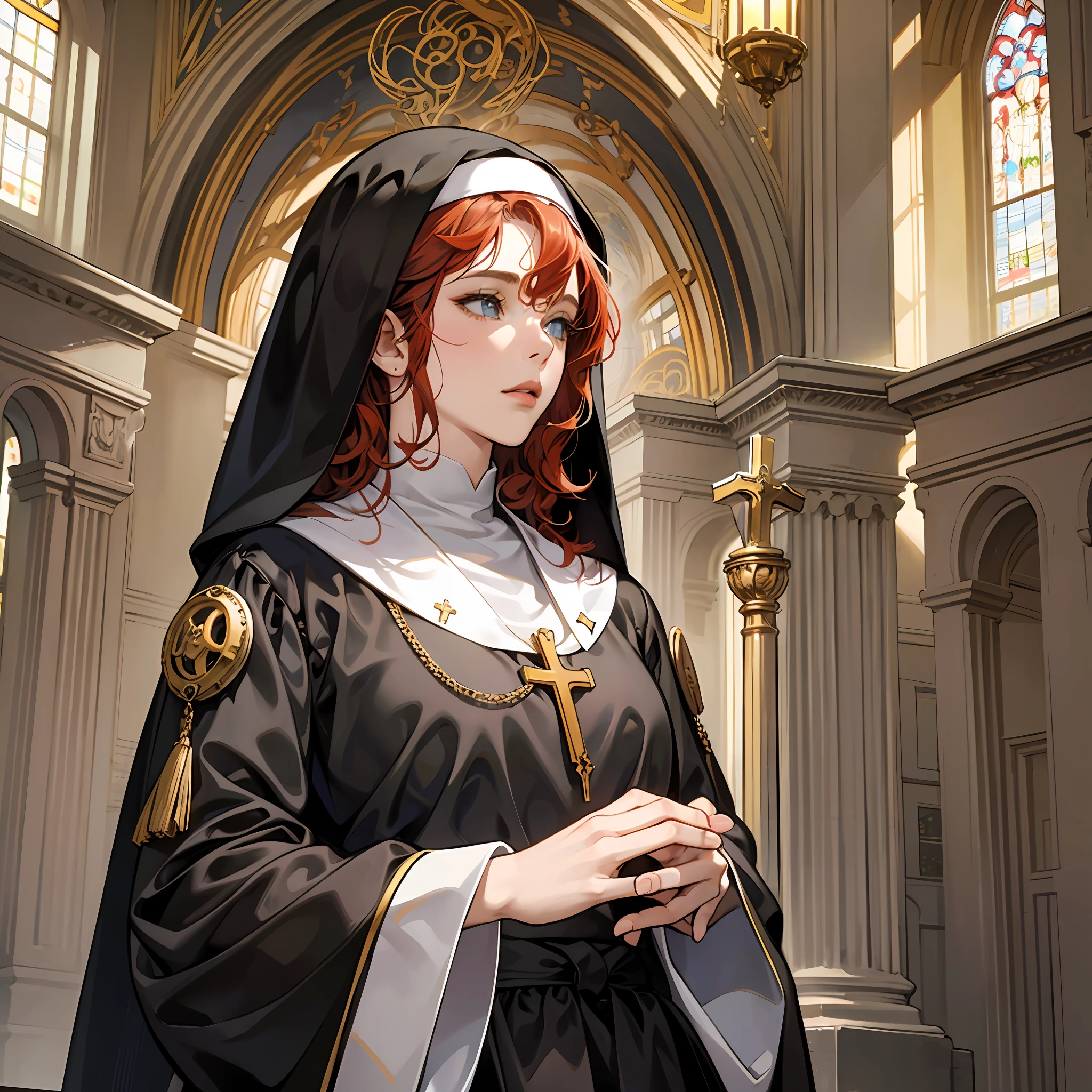 Young woman, Catholic nun, black hood, black clothes, steampunk, (redhead, curly hair), catholic church, light eyes, realistic art, statue, marble statue, ,( Holy), prayer position, praying ,