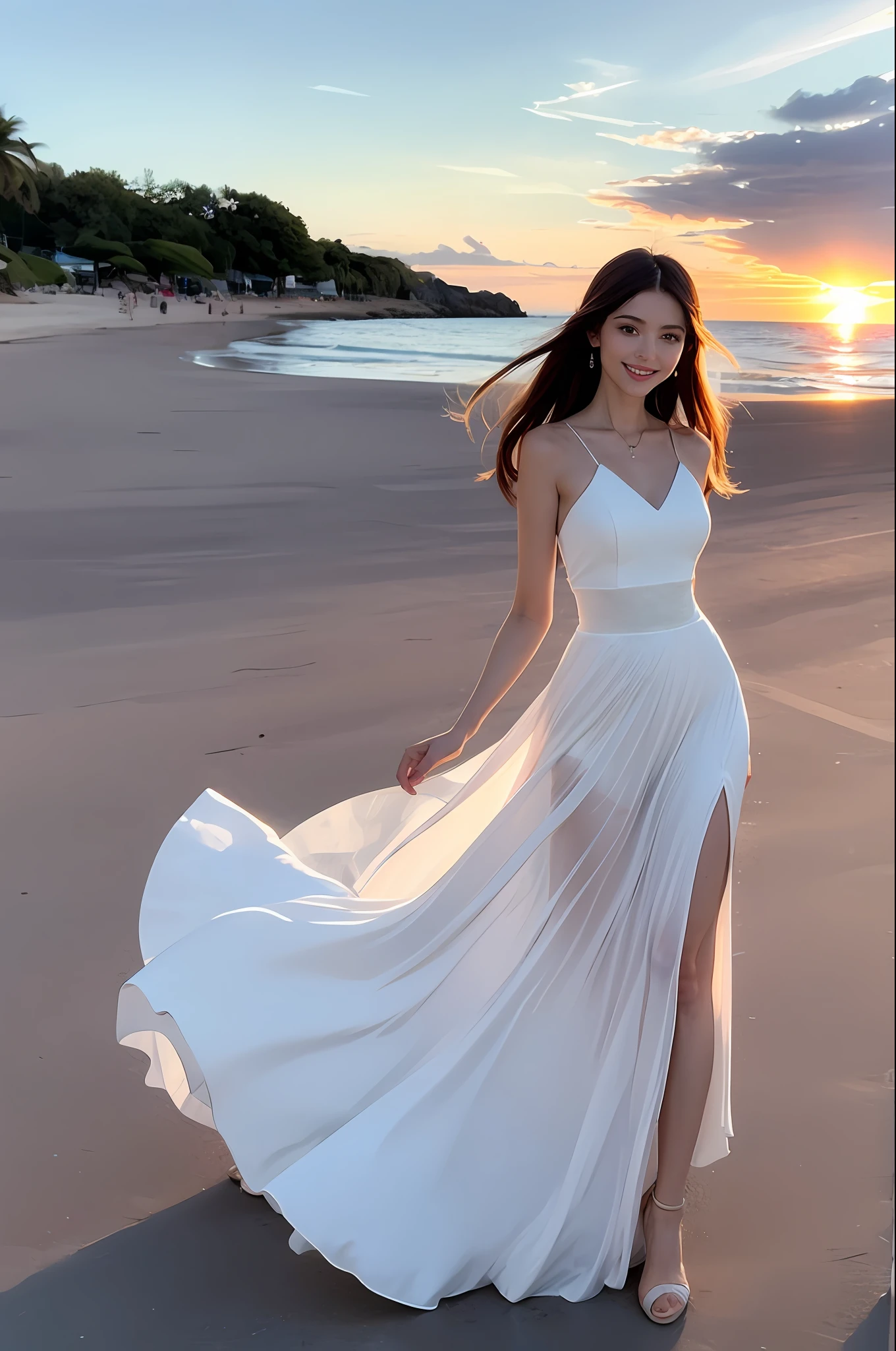 (Best Quality, 4K, Masterpiece, UHD, Real: 1.2), Real Light, Sunset, Natural Shadows, 1Girl, Wearing White Dress, Full Length View, Tall and Thin Beauty Goddess, Off-white Flowing Dress, Stunning Elegant Posture, Long and Elegant, Thin Waist, Elegant, Confident, Smile, Very Beautiful, Hands Behind Back, Long Skirt, Blue Sky, White Clouds, Beach, Sunset