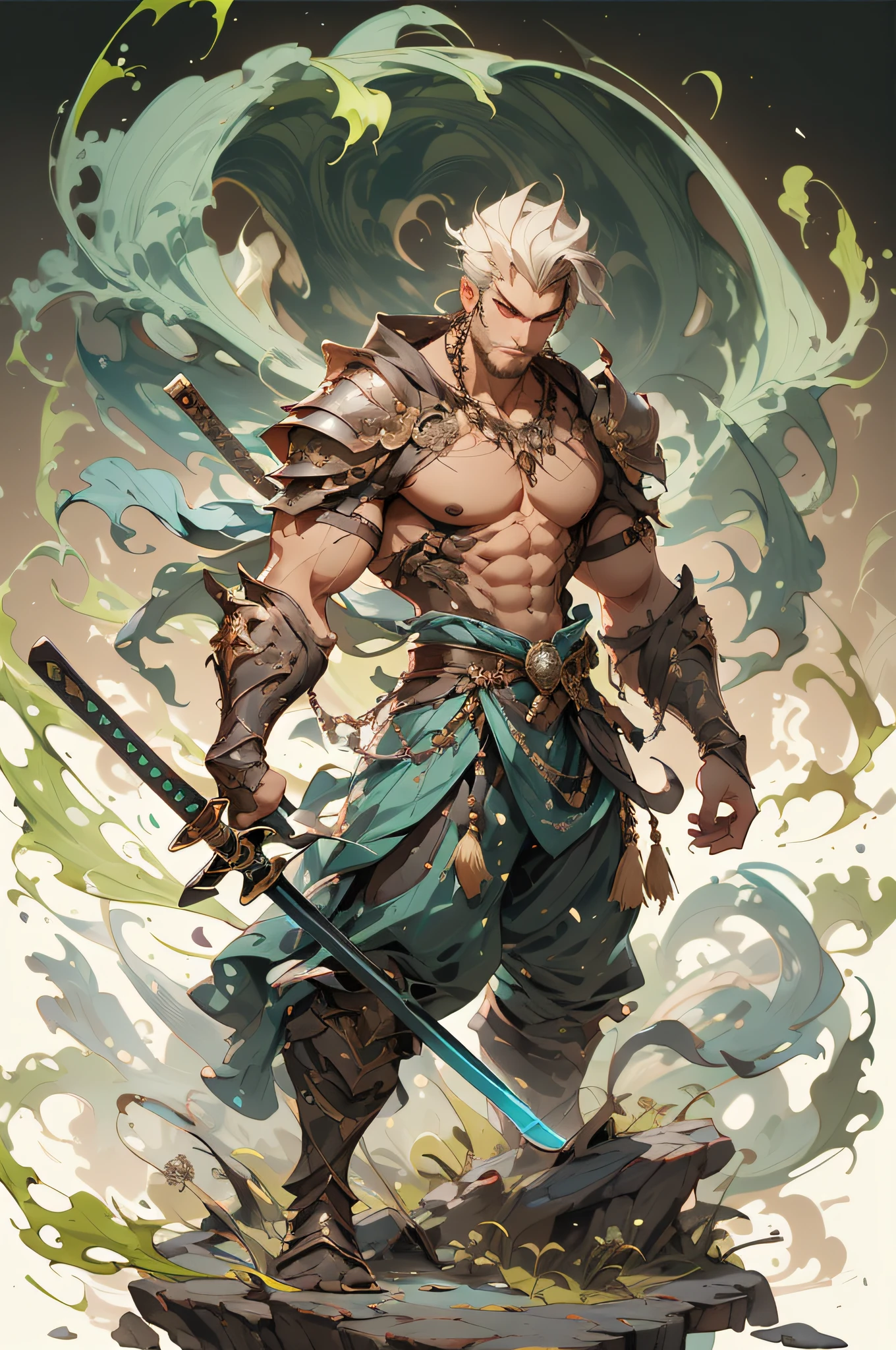 1boy, gun, black male focus, , , holding sword, , , armor, , sheath, pectorals, , , sheath, sheath, shoulder armor, full body, , facial hair, jewelry, , , , , muscular,
,,