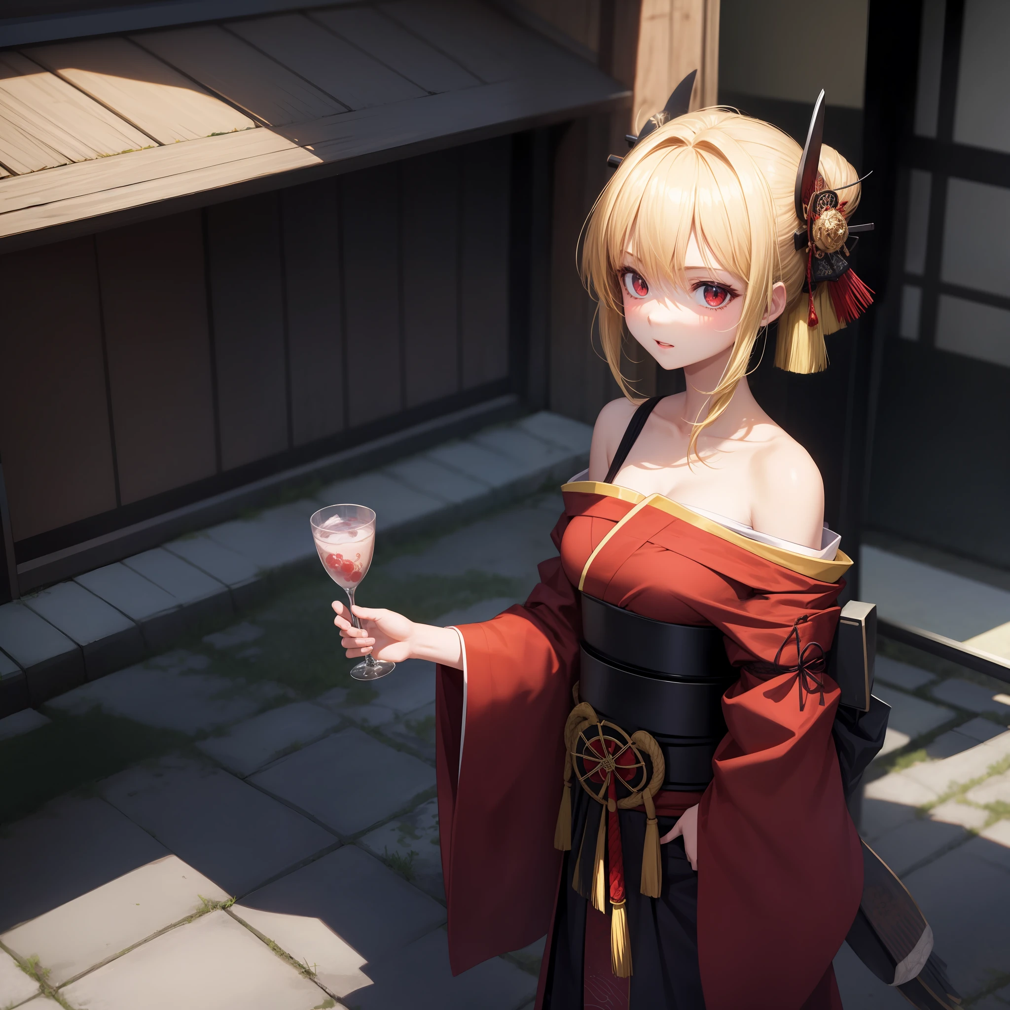 anime, girl, blonde girl with red eyes, samurai, off-shoulder, kyoto