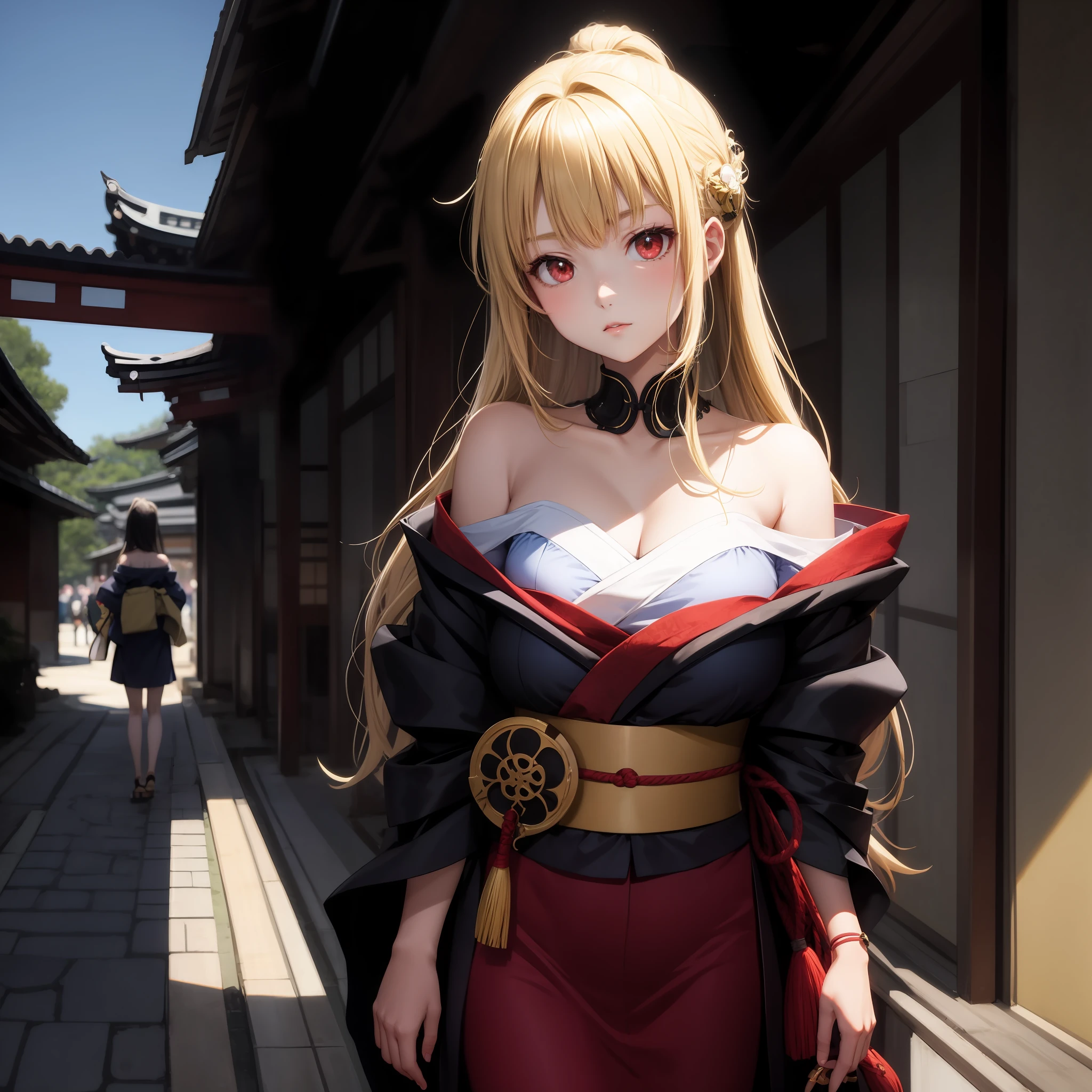 anime, girl, blonde girl with red eyes, samurai, off-shoulder, kyoto