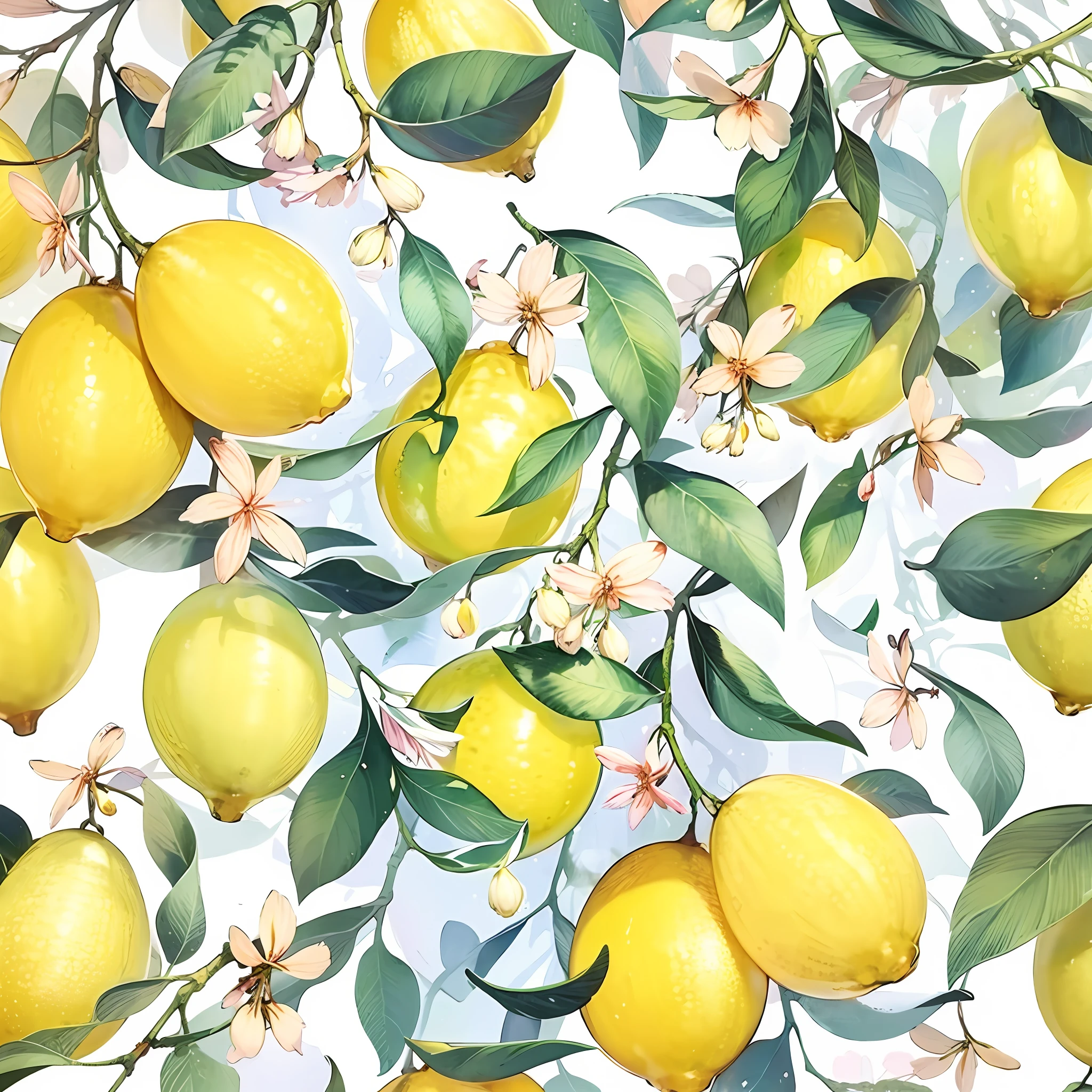 a closeup of a lot of lemons on a tree, lemons, lemon arms, , with lemon skin texture, lemon, lemons on the ground, lemonade, has lemon skin texture, watercolor illustration, repeat pattern, lemon light, a lot of light pink and blue butterflies, textile printing, art, background, detailed watercolor, Canvas art printing, official art, 🐿🍸🍋 repetitive fabric pattern