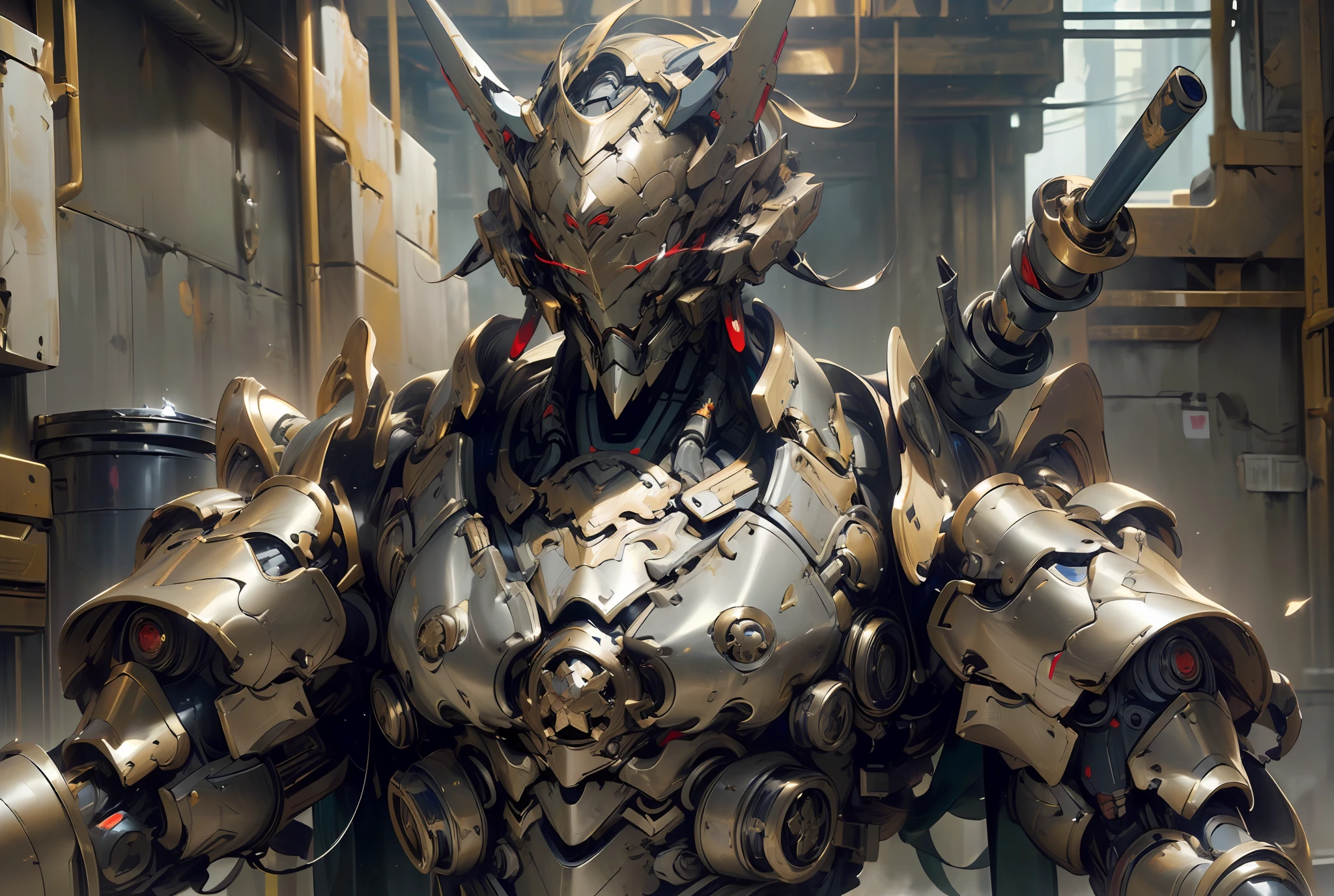 ((((Masterpiece))), Ultra HD, (((More details))), close-up of a robot with red eyes and a golden body, ((Super Cool)), Looking at the Audience, Armor Warrior Emperor, ((Rich Metal Elements)), Unreal 6 Breathtaking Details, Villain Cyborg Movie Stills, Stylish Cyborg Armor, Covered Full Metal Armor, Unreal 5 Rendering, Golden Sci-Fi Armor, Menacing,