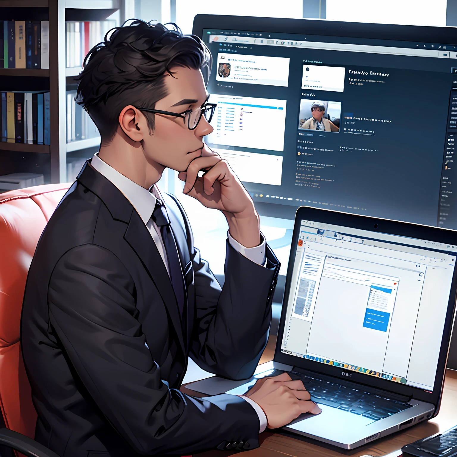 ENTREPRENEUR LOOKING AT THE SCREEN OF HIS COMPUTER, IN SUIT, GLASSES STYLE DRAWING WITH APPEARANCE OF SOME 45 YEARS