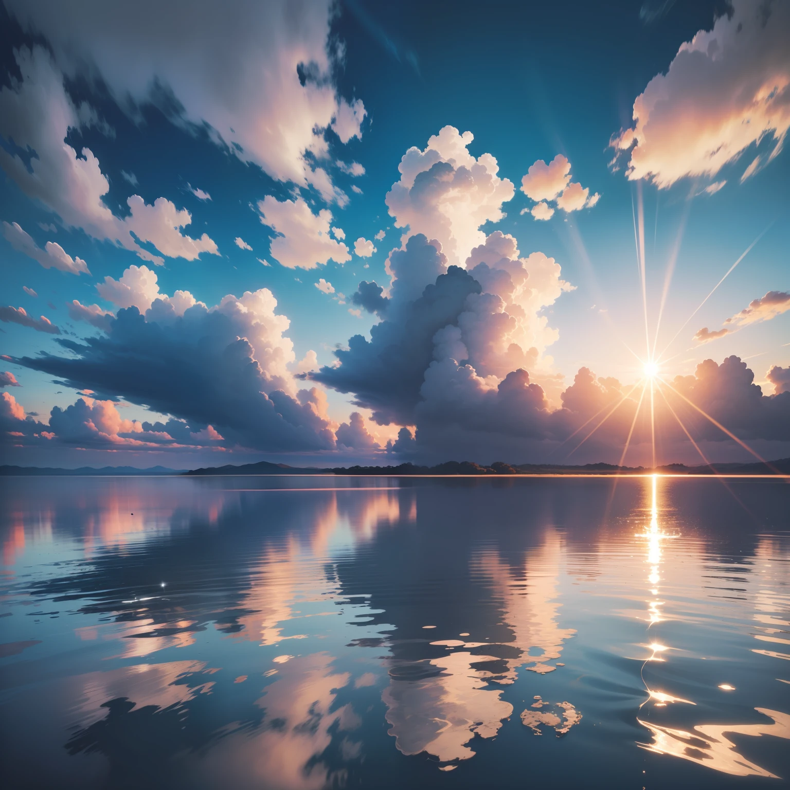 Water surface, sky background, fluffy clouds, sun rays