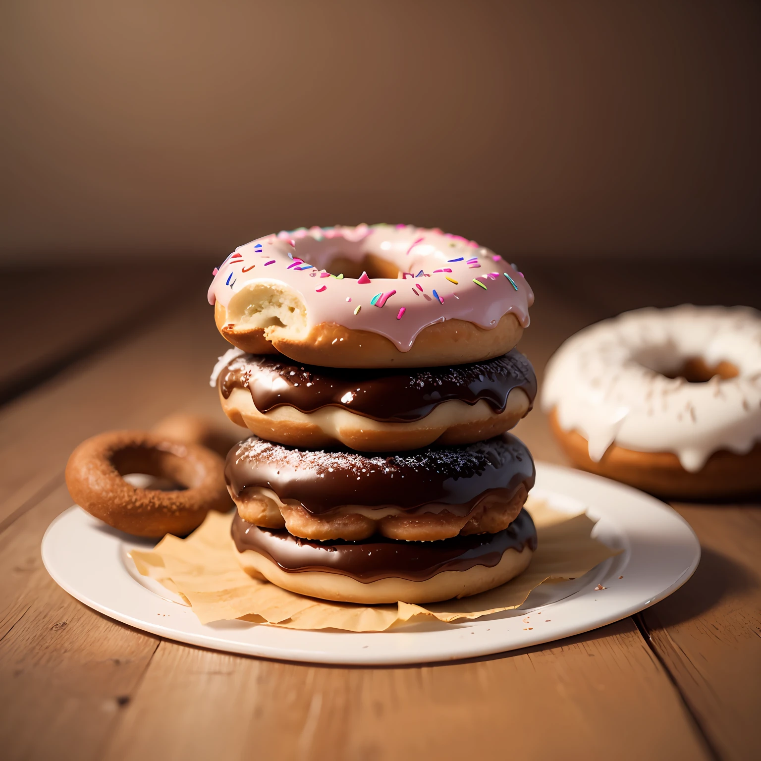 Realistic images of donuts on a table, in high quality, canon 5d, ultra hd --auto