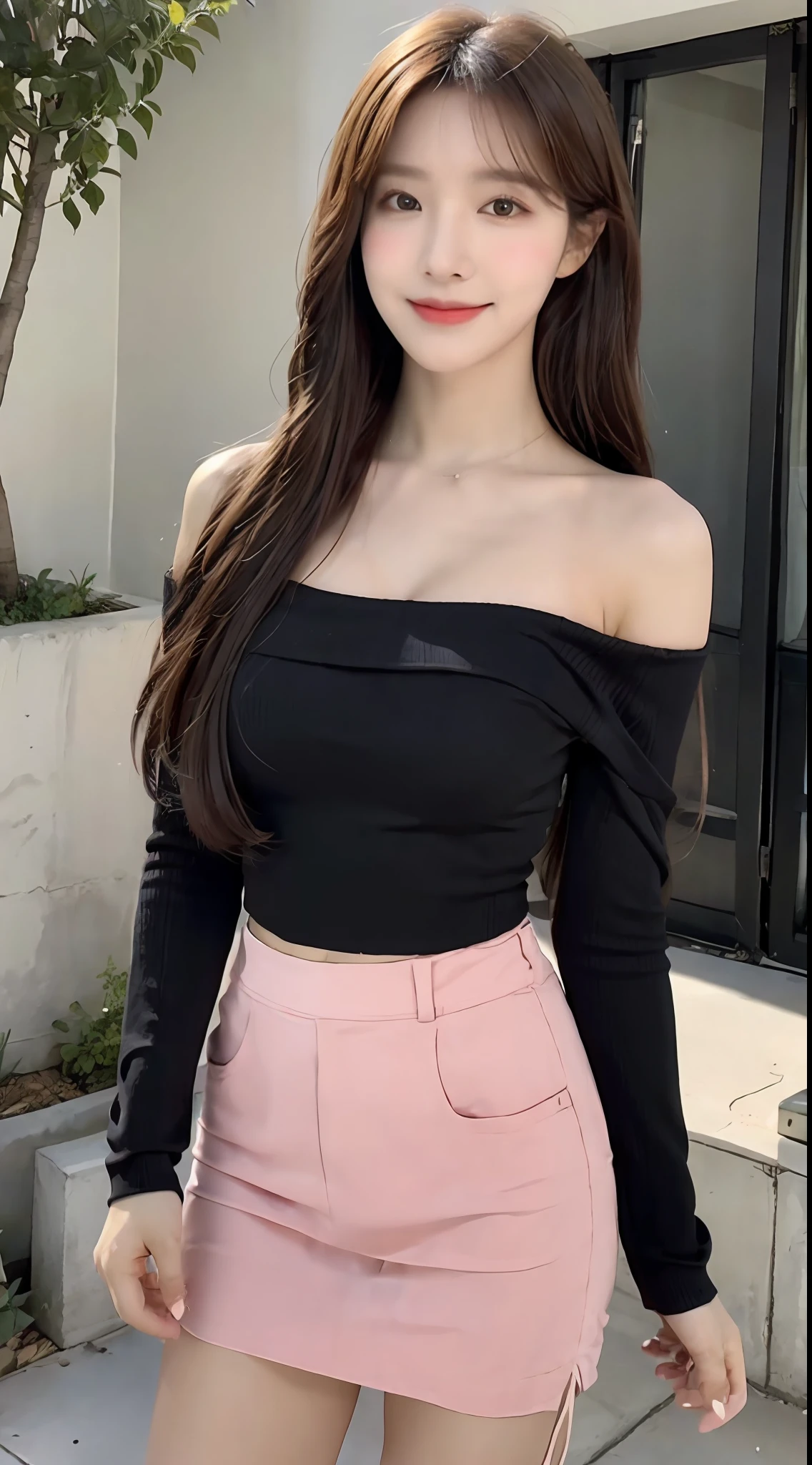(1 Korean star with royal sister style), ((best quality, 8k, masterpiece: 1.3)), focus: 1.2, perfect body beauty: 1.4, (smile), (Street: 1.3), highly detailed face and skin texture, fine eyes, double eyelids, whitening skin, (big wave hairstyle: 1.3), (round face: 1.5), (rose off-the-shoulder top: 1.4),