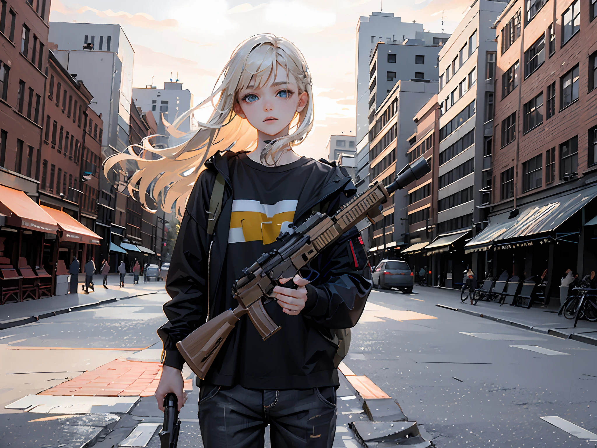 (8k, RAW photo, best quality, masterpiece:1.2), (realistic, photo-realistic:1.37), best quality, ultra high res
sunset, back lights, light leaks,
1girl, (holding weapon, aiming at viewer, assault rifle,left view:1.2), carbine, open fire, firing,
perfect women body, platinum blonde hair, long hair,
(beautiful detailed eyes),(beautiful detailed face:1.2)
outdoors, street, cityscape