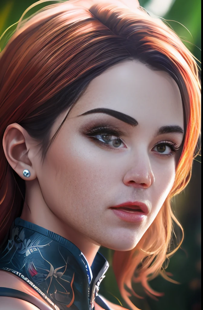 ultra realistic photography, perfectly centered medium upper shot of Aloy from horizon zero dawn, creatures from horizon zero dawn jungle cliffs in the background, looking at viewer, fashion pose, extremely detailed eyes, detailed symmetric realistic face, extremely detailed natural texture, detailed peach fuzz, messy hair, masterpiece, absurdres, award winning photo by lee jeffries, nikon d850 film stock photograph, kodak portra 400 camera f1.6 lens,  depth of field, extremely detailed, amazing, fine detail, rich colors, hyper realistic lifelike texture, dramatic lighting, unrealengine, trending on artstation, cinestill 800 tungsten, photo realistic, RAW photo, TanvirTamim, high quality, highres, sharp focus, extremely detailed, cinematic lighting, 8k uhd, high definition, cinematic, neoprene, behance contest winner, featured on unsplash, cgsociety, unreal engine 5, ultra sharp focus