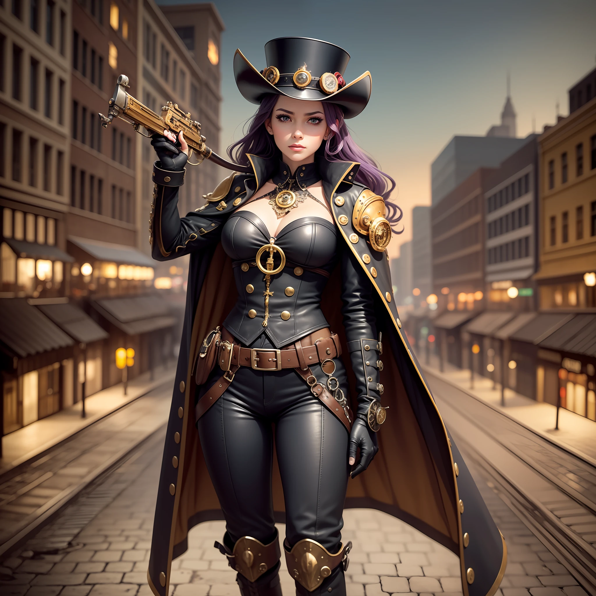 (intricate details), 30 years old, Very long hair, purple hair, straight hair, perfect face, sharp eyes,ash gray eyes,makeup:1.5,, facial details, 4k, realistic, charismatic, very detailed, steampunk, there are girls all over the city, steampunk world industrial background cityscape theme, skinny, top hat, antique pilot goggles, Wearing a black leather tailored jacket, white blouse, brown leather bustier, black leather gloves, black leather short pants, full body, wearing black leather long boots, wearing a black cape, holding a flintlock pistol in his right hand, um home detective, conceptual art, realism, godley, film lighting, multiview, canon, uhd, high detail, high-quality, HD, 16k
