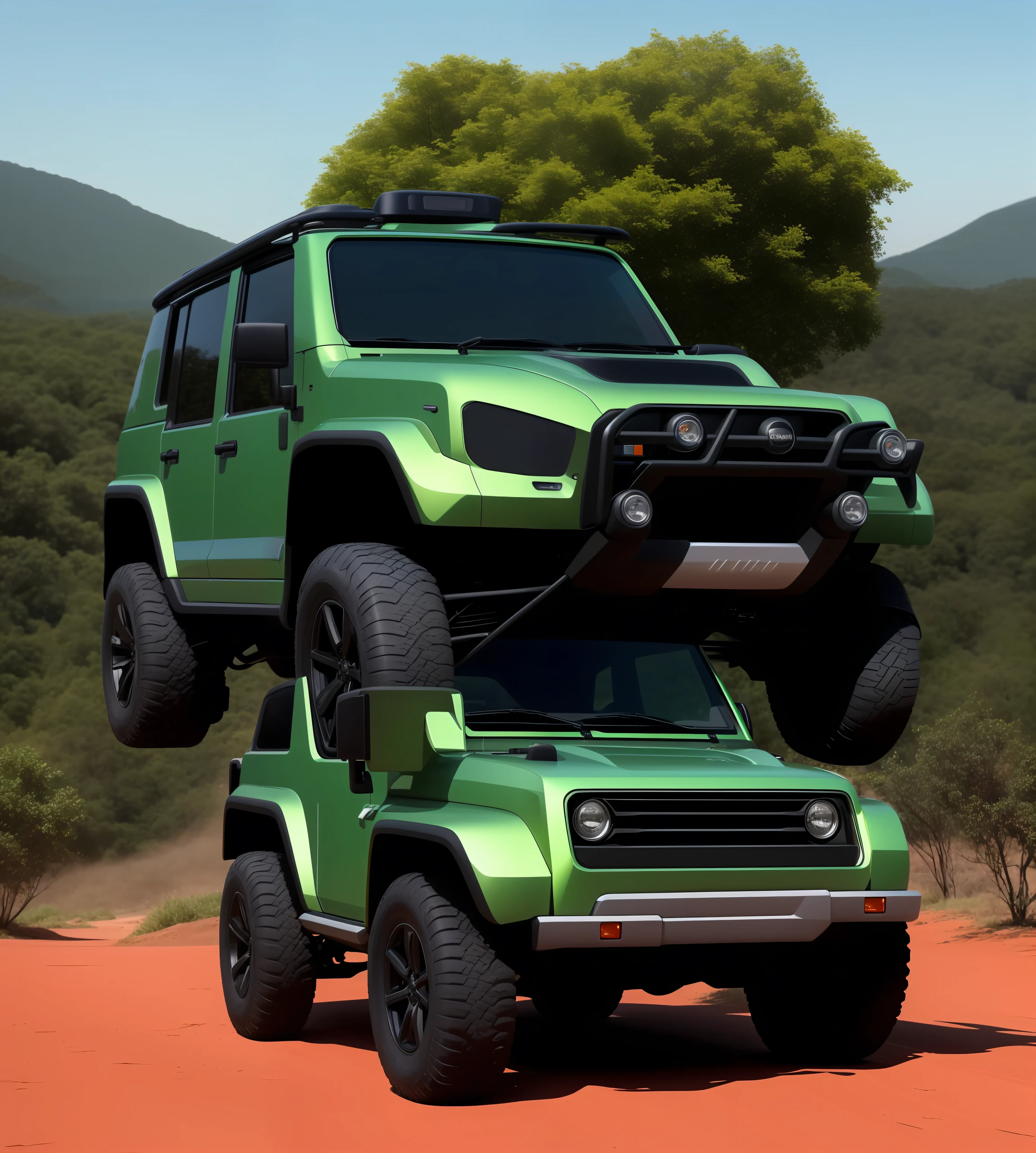 a futuristic version of the classic Toyota Bandeirante 4x4, city, realistic, high detail, 4k (One facing the other and camera from top to side) Jeep