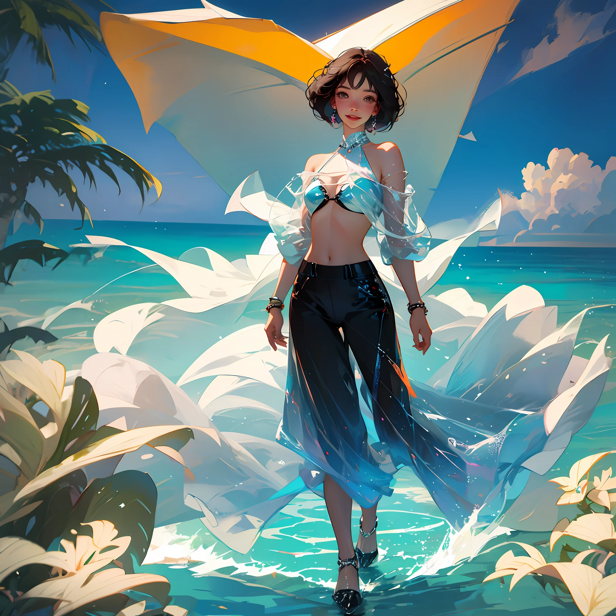 Full body figure, face and hairstyle look exactly like Minami Hamabe, beach, swimsuit, slim body, big, big, beautiful breasts, beautiful legs, long legs, high heels, small ass, gravure idol, campaign girl, smile, natural pose, transparent blue sea, white sand, sexy swimsuit, hair fluttering in the wind, radiant smile, charm, confidence, bold and exciting, extreme strings bikini, too small triangular bikini, String micro bikini, T-front pants, V-front pants, bite-in, protruding, see-through swimsuit, short cut, black hair, topless --auto