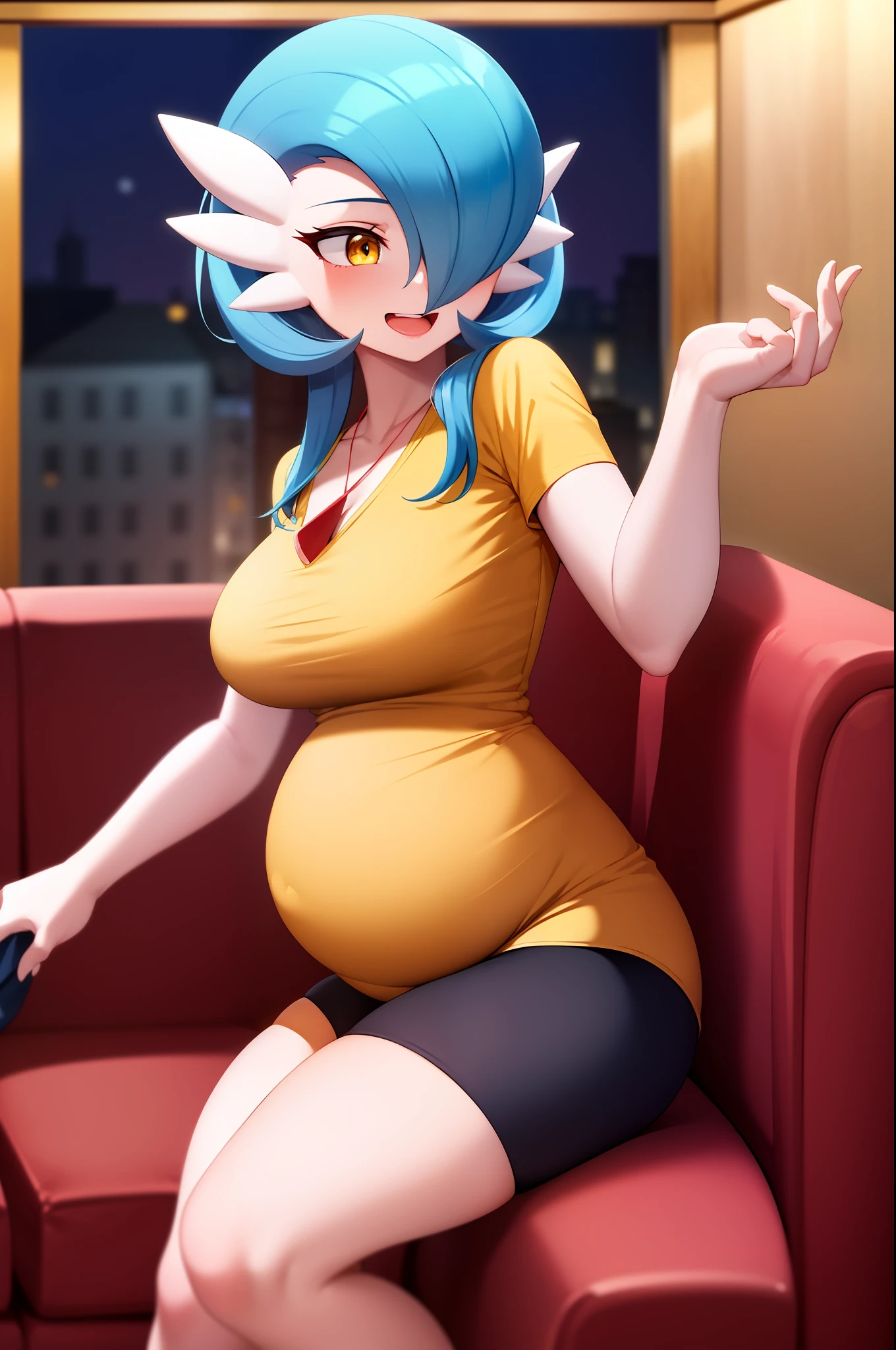 masterpiece, best_quality, 1girl, solo, gardevoir, pokemon \(creature\), blue hair, sitting on a sofa, medium breasts, yellow blouse, blouse with neckline, wide neckline, night, night stage, black shorts, sports shorts, holds a bag of chips, pregnant, laughing.