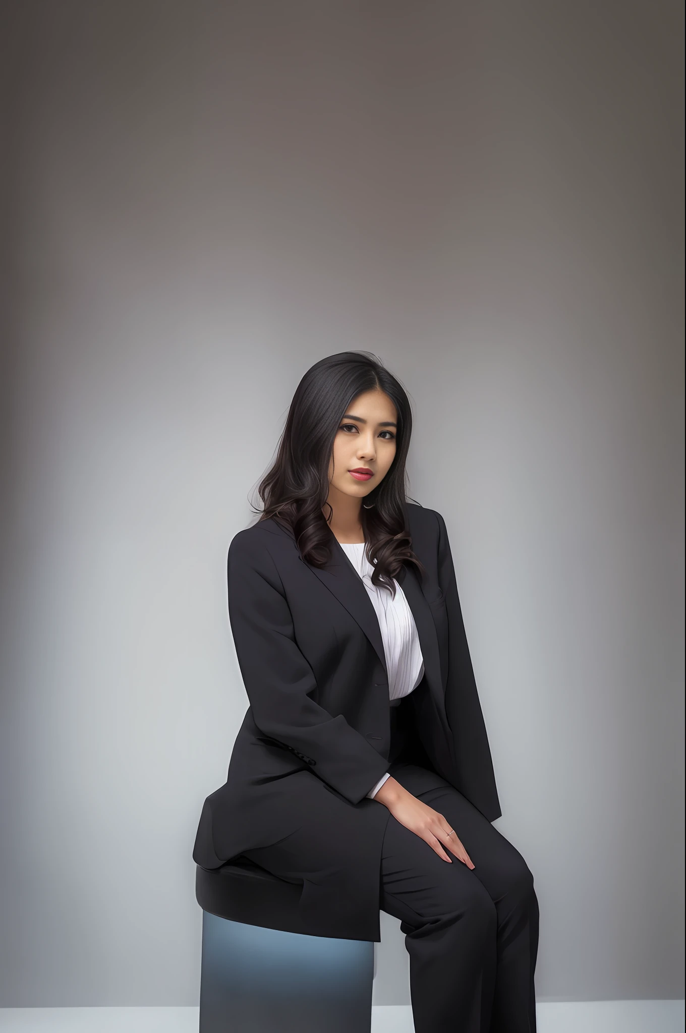 arafed woman sitting on a stool in a black suit, corporate portrait, corporate portait, faridah malik, corporate photo, professional corporate portrait, professional portrait, woman in black business suit, promotional portrait, julia fuentes, serena malyon, portrait image, professional profile photo, full protrait, in front of white back drop, protrait, cindy avelino
