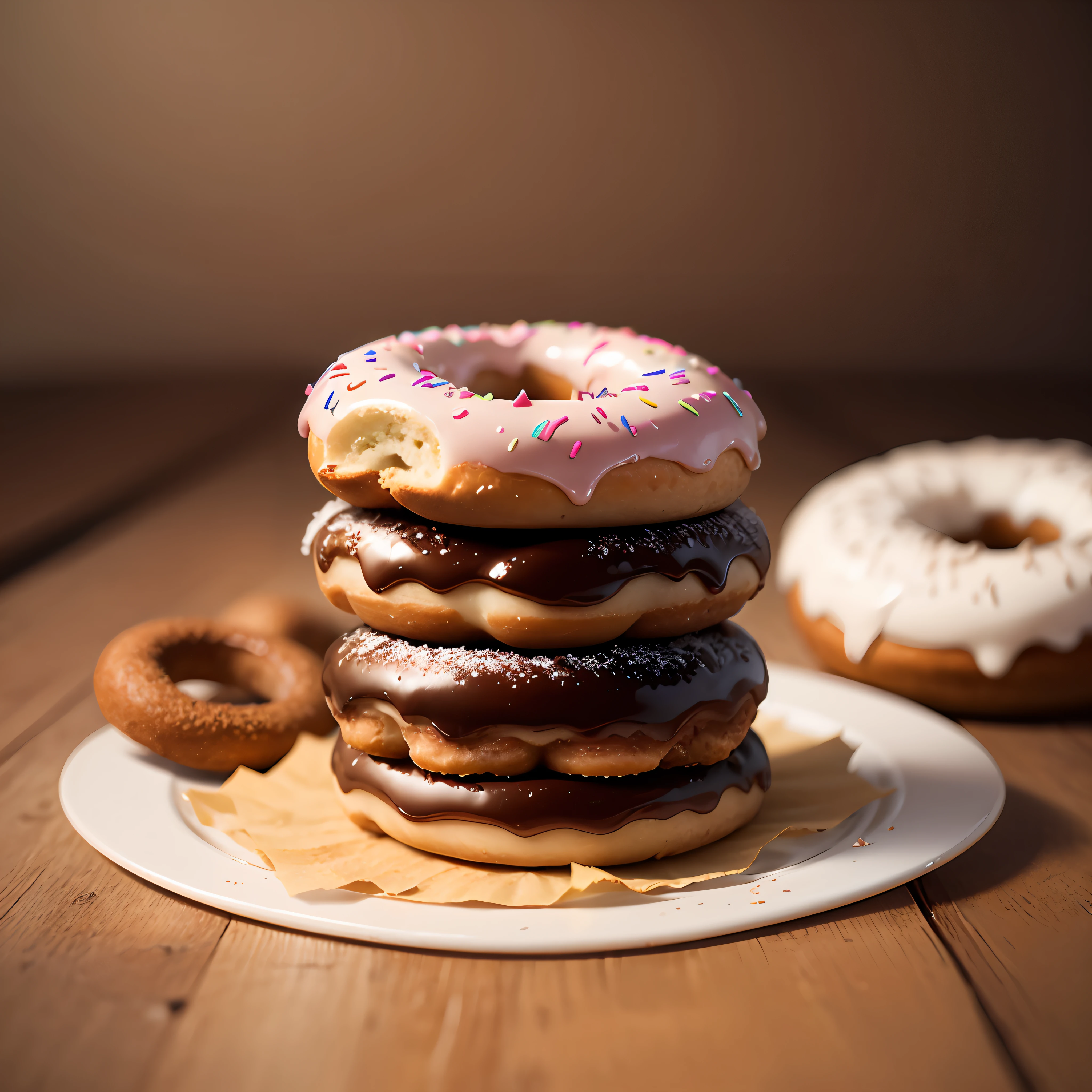 Realistic images of donuts on a table, in high quality, canon 5d, ultra hd --auto