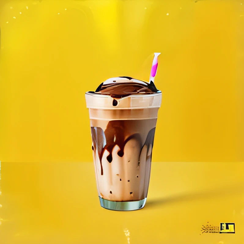 There is a milkshake with chocolate and caramel, milkshake, vanilla smoothie explosion, iced coffee, milkshakes together, pudenda, caramel, description, iced latte, vanilla, chocolate, caramel. Robust, a little chocolate sauce, chocolate sauce, mixed, realistic image in Ultra HD