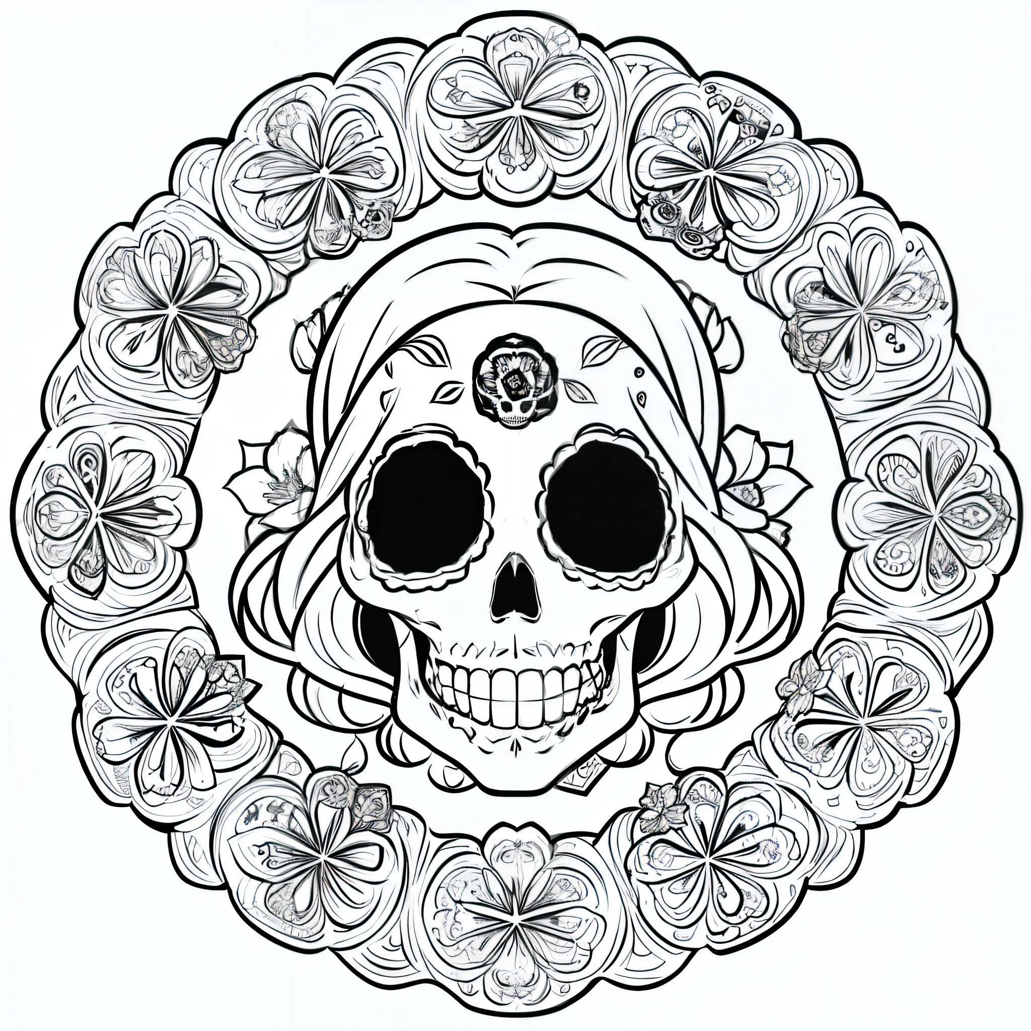 Masterpiece, best quality, (detailed background), high contrast, decorated sugar skull, flower background, thick and clean line drawings, vector