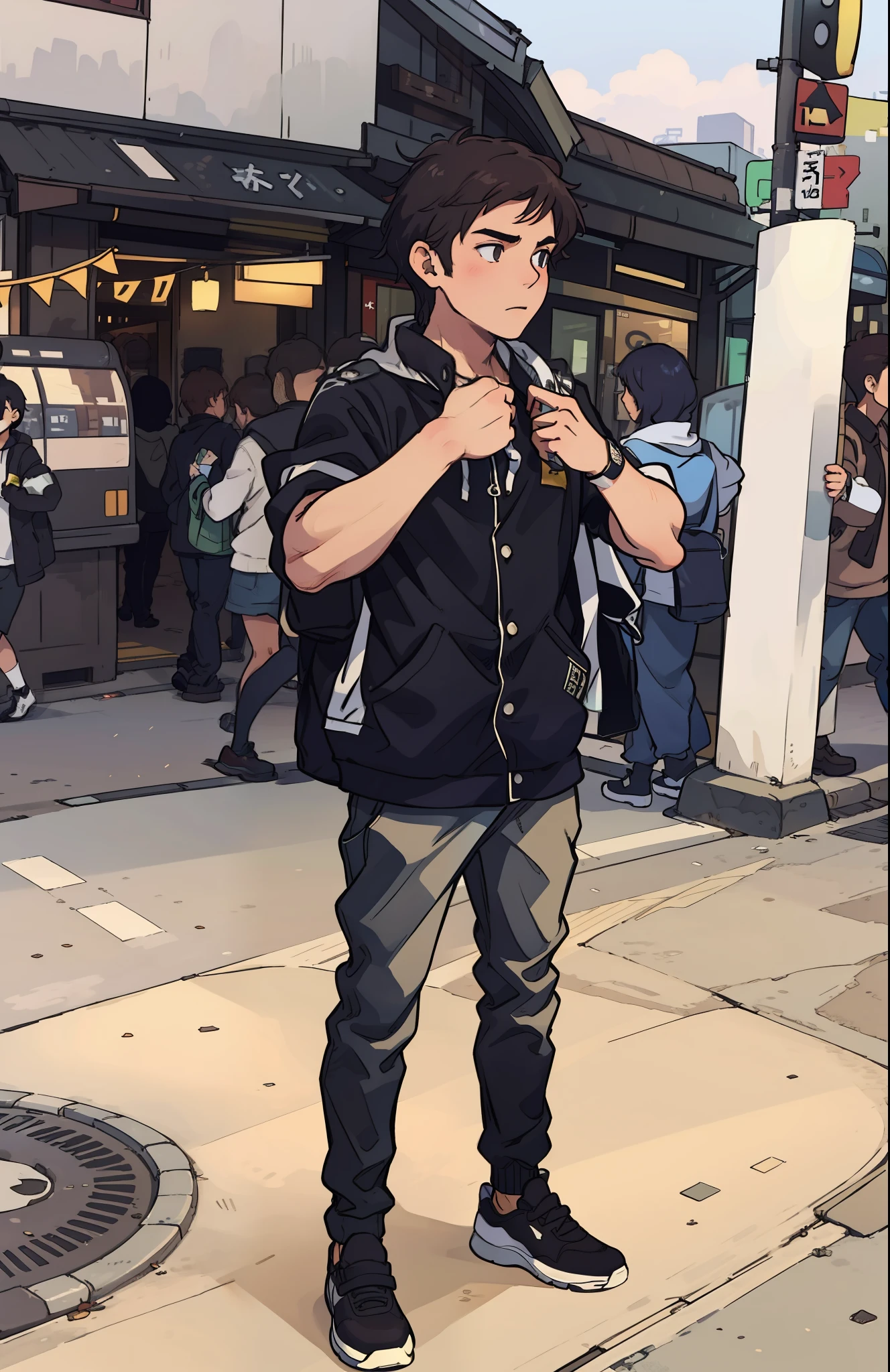 20-year-old boy dressed in social clothing in front of Tokyo's urban avenue street passing by several people