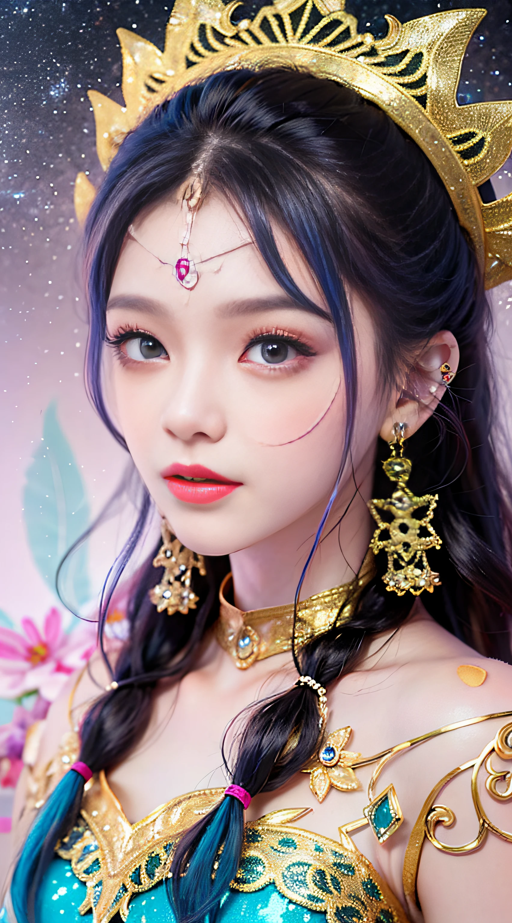 (Best Quality, 8k, Masterpiece, UHD: 1.2, CG: 1.2), close-up of a long-haired girl in ethnic minority clothes, lots of beautiful headdresses, fantasy style, textured earrings, kawaii realistic portraits, cute colorful cute, anime style, colorful, multiple colors together in braids, star-like fantasy points everywhere, Guvez style artwork, vibrant fantasy style, cute art style, anime style 3d, color pastels, realistic anime 3d style,