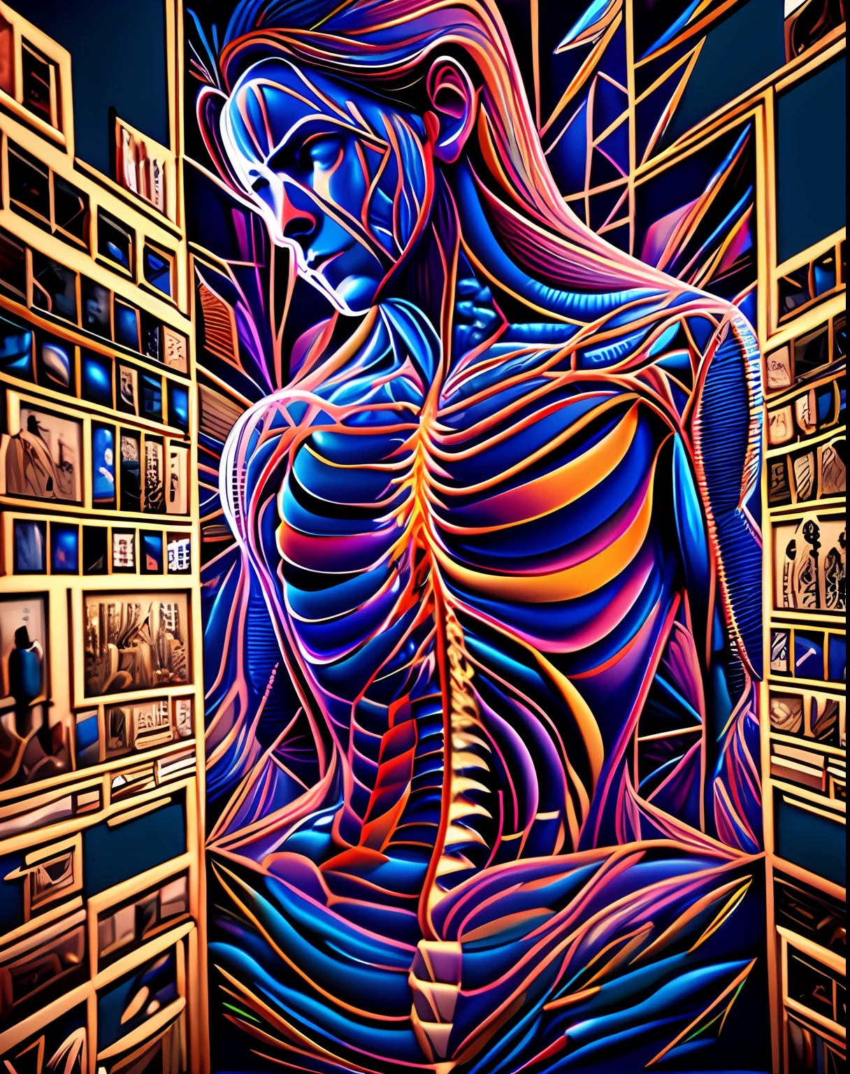 A photograph of the anatomy of the entire human body, intricate, masterpiece, expert, detailed, 4k, composition,, centered, symmetry, painted, intricate, volumetric lighting, rich masterpiece of deep colors, sharp focus, ultra detailed, in the style of dan mumford