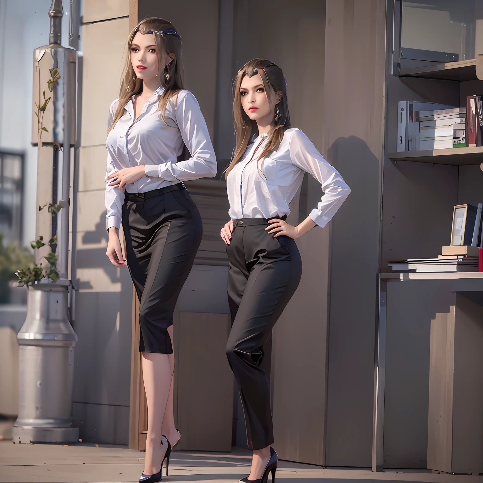 Casual pose, black stockings, shirt, women's suit, OL, black silk, black high heels, workplace high heels, black trousers, short hair, workplace trousers, office, secretary, black suit, women's suit, women's suit, white collar, pocket, black silk