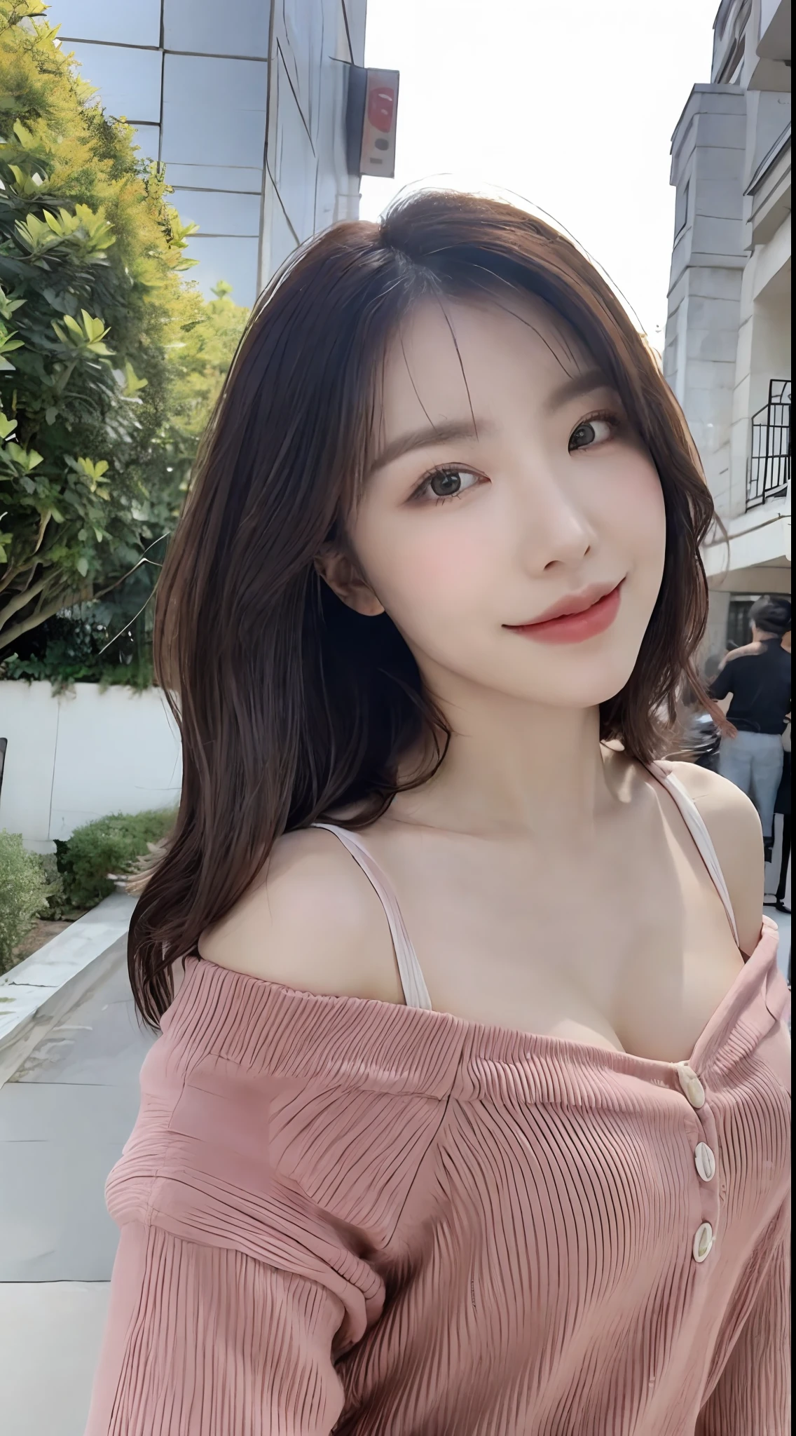 (1 Korean star with royal sister style), ((best quality, 8k, masterpiece: 1.3)), focus: 1.2, perfect body beauty: 1.4, (smile), (Street: 1.3), highly detailed face and skin texture, fine eyes, double eyelids, whitening skin, (big wave hairstyle: 1.3), (round face: 1.5), (rose off-the-shoulder top: 1.4),