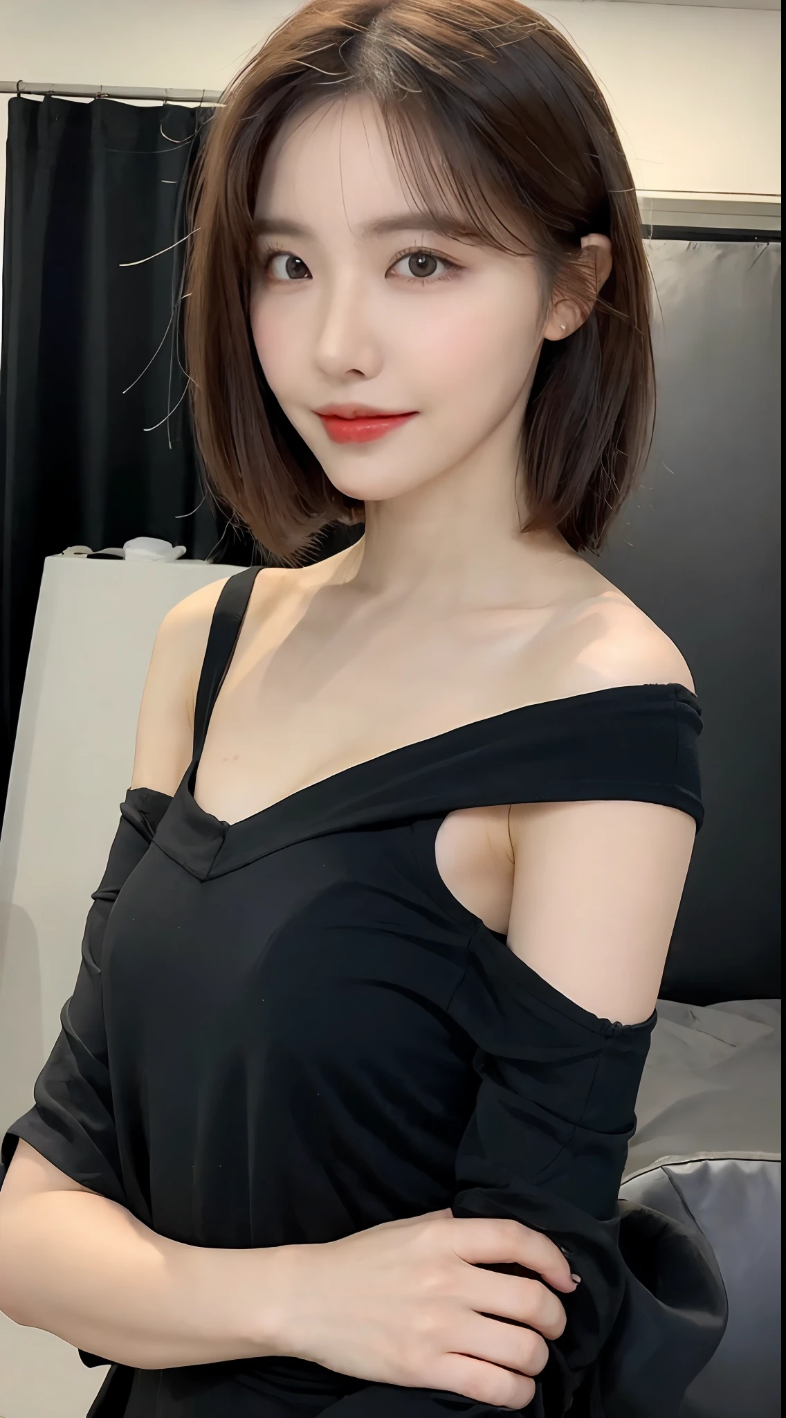 (1 Korean star with royal sister style), ((best quality, 8k, masterpiece: 1.3)), focus: 1.2, perfect body beauty: 1.4, (smile), (Street: 1.3), highly detailed face and skin texture, fine eyes, double eyelids, whitening skin, (big wave hairstyle: 1.3), (round face: 1.5), (rose off-the-shoulder top: 1.4),