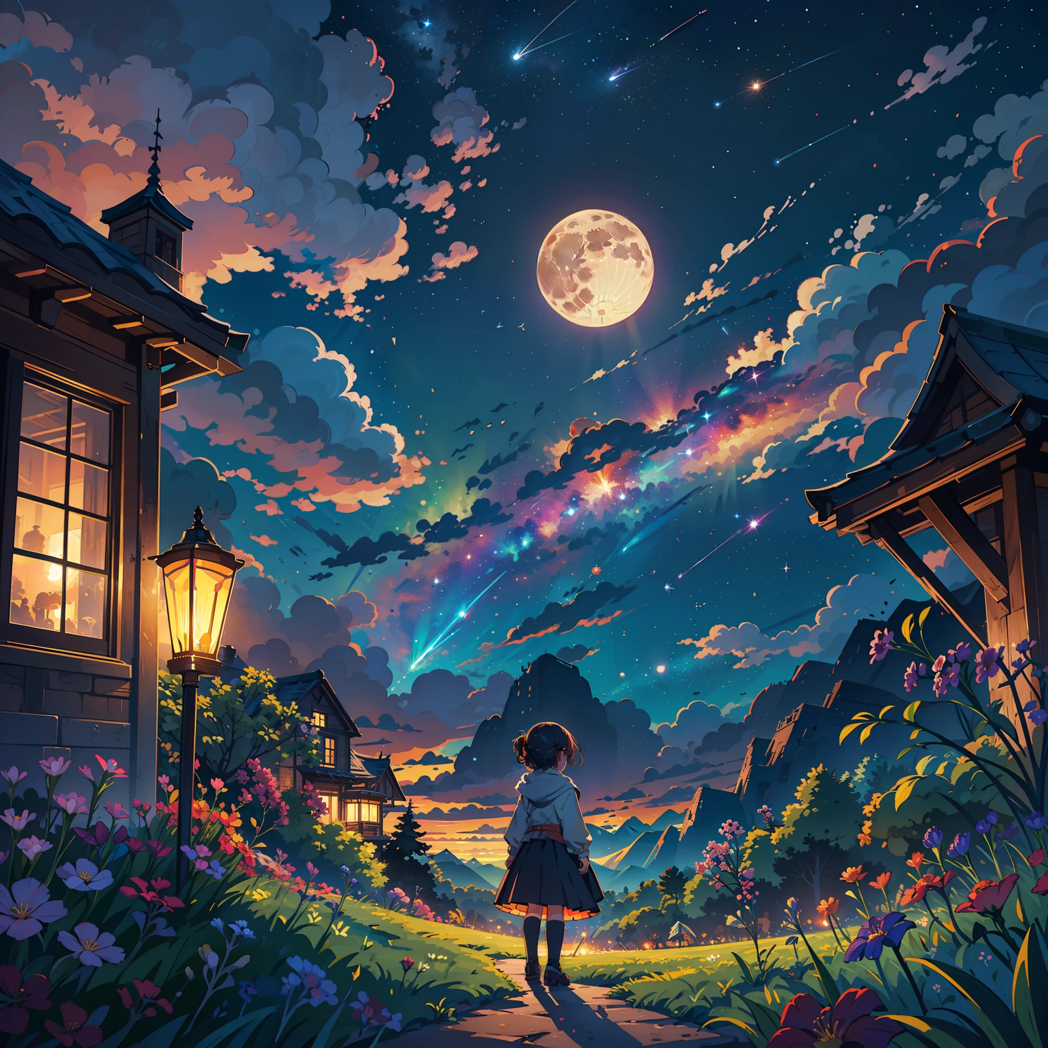 Expansive landscape photograph, (view from below with a view of the sky and the wilderness below), little girl standing in a flower field looking up, (full moon: 1.2), (shooting star: 0.9), (nebula: 1.3), distant mountain, tree break production art, (warm light source: 1.2), (firefly: 1.2), lamp, purple and orange, intricate detail, volume lighting BREAK (masterpiece: 1.2), (highest quality ), 4k, ultra-detailed, (dynamic configuration: 1.4), highly detailed and colorful details (iridescent: 1.2), (sparkling lighting, atmospheric lighting), dreamy, magical, (solo: 1.2)