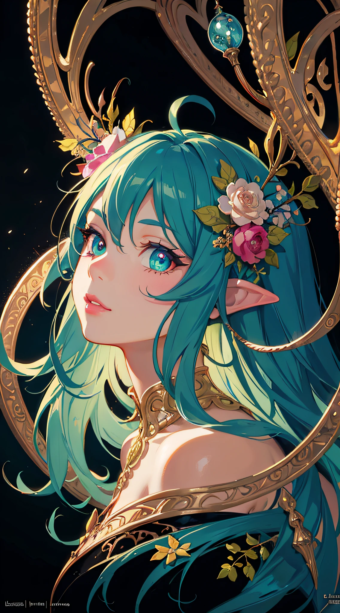 Symmetry, Finely Detailed Elaborate Ornate Forest Sprite with Elaborately Detailed Colorful Eyes; by Lisa Frank, jeff koons, Orange and Pink, and Yellow and Teal, pretty face, intricate, elegant, highly detailed, digital painting, art station, concept art, smooth, sharp focus, illustration, art by art germ and greg rutkowski and alphonse mucha, 8k