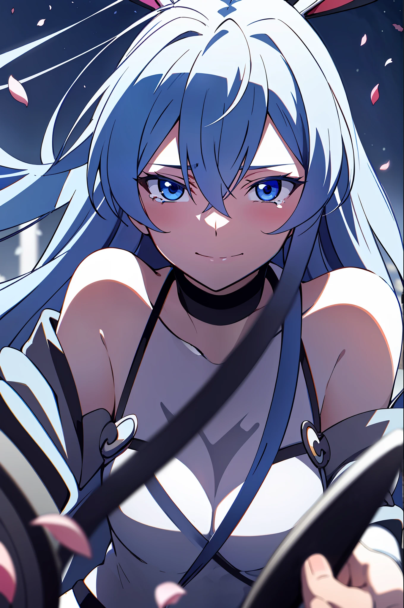 (masterpiece), (best quality),highres, ultra detailed, professional lighting, dark blue hair, light blue eyes, bunny outfit, front view, tearful eyes, smile, tilted head, eyes focused on viewer, falling petals, upper body, shaded eyes, esdeath, slashing sword mid frame