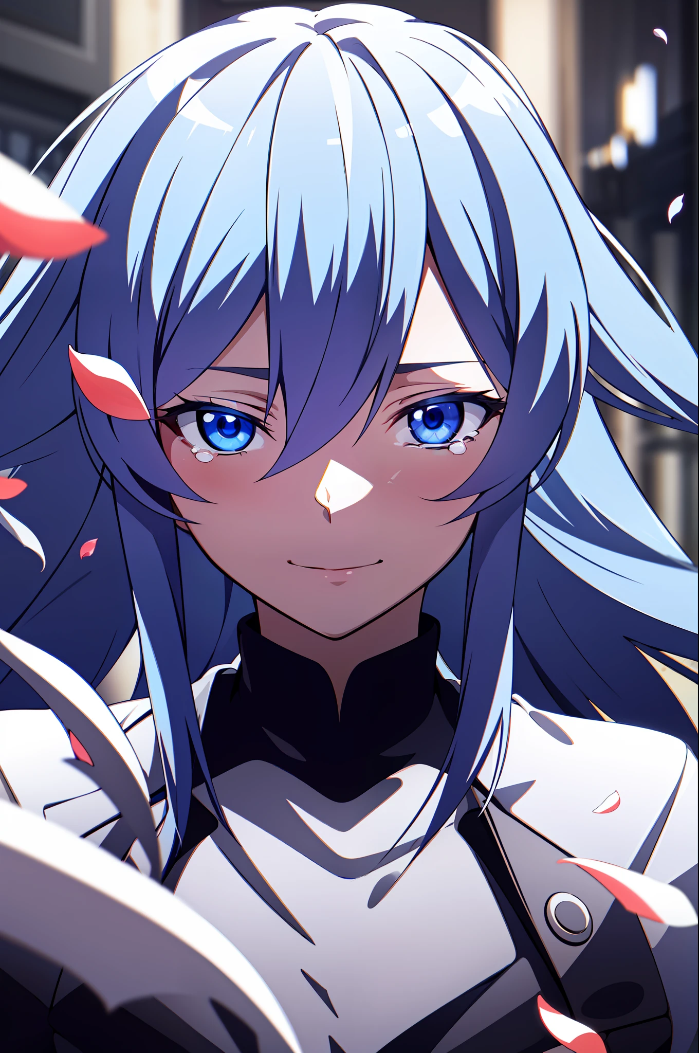 (masterpiece), (best quality),highres, ultra detailed, professional lighting, dark blue hair, light blue eyes, bunny outfit, front view, tearful eyes, smile, tilted head, eyes focused on viewer, falling petals, upper body, shaded eyes, esdeath, slashing sword mid frame